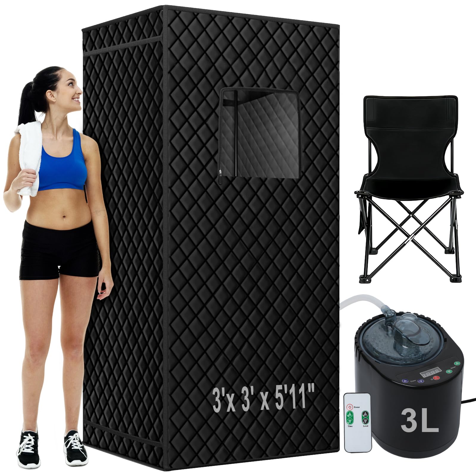Portable Steam Sauna Tent for Home - 3'x3'x5.9' Full Body Sauna Box with 1500W Steamer, 9 Heat Levels & 99-Minute Timer - Includes Remote Control & Foldable Chair with Storage Pocket - Perfect for Relaxation, Detox & Weight Loss at Home