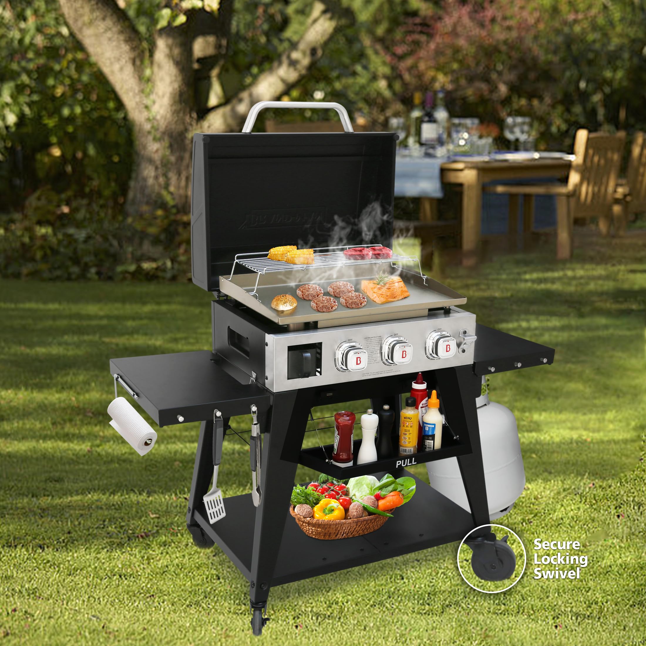 **Brand-Man 3-Burner Propane Griddle – 28,000 BTU Flat Top Gas Grill with Lid, Folding Side Tables, Warming Rack & Rolling Cart – Perfect for Outdoor BBQ, Camping, Tailgating, and Backyard Cooking**