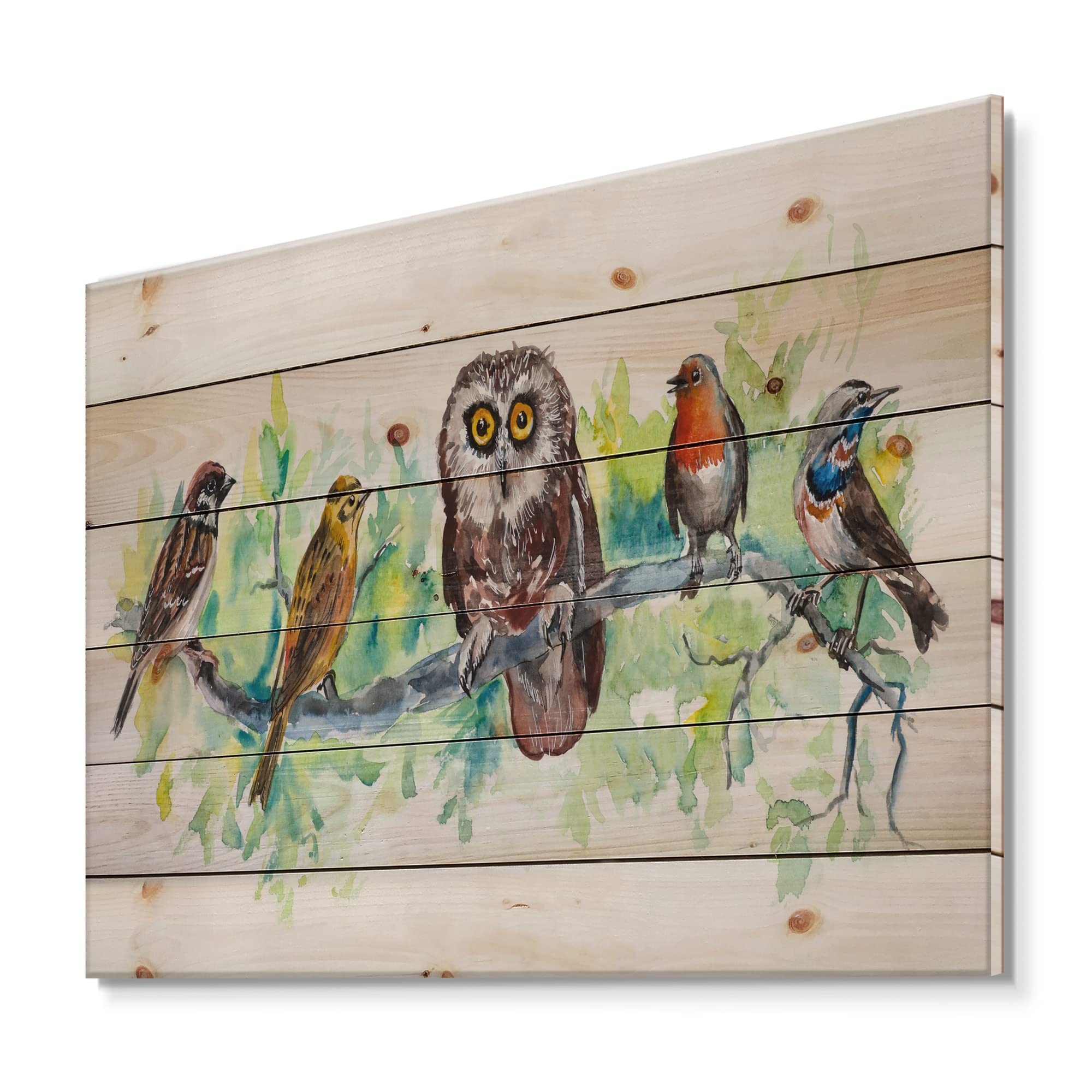DesignQ Owl on a Branch with Bird Friends - Traditional Wood Wall Decor, Green Wood Wall Art, Large Animal Wood Panels Printed on Natural Pine - Perfect for Living Room, Bedroom & Nursery Decor