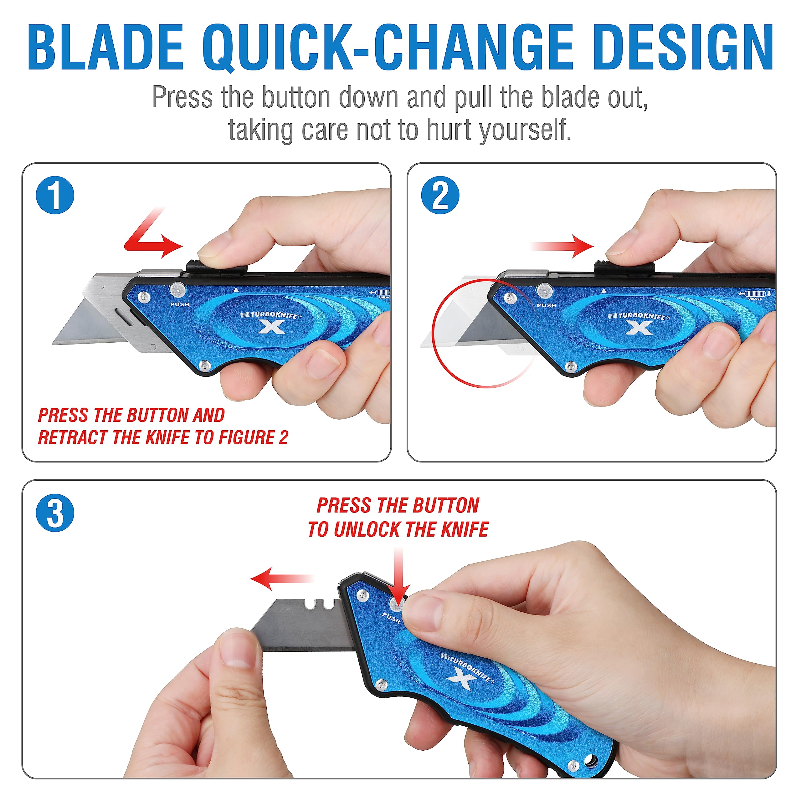 Olympia Tools Turboknife X Utility Knife 33-134 - Heavy Duty Retractable Blade Cutter with Comfort Grip (Blue) - Perfect for Construction, Packaging, and DIY Projects