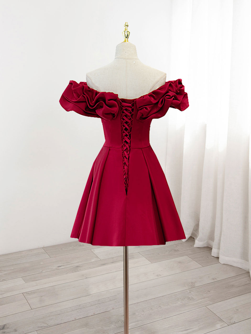 Elegant Burgundy A-Line Off Shoulder Satin Short Prom Dress | Homecoming Party Gown | Perfect for Prom Night, Homecoming Dance & Special Occasions