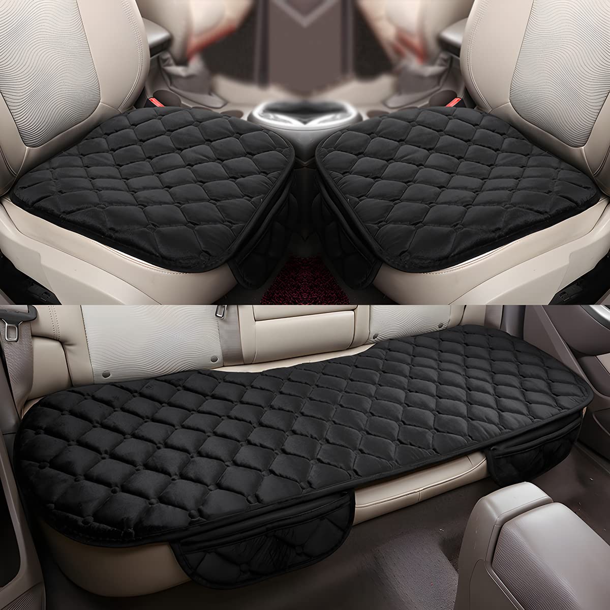 3PCS Premium Velvet Car Seat Cushion Set with Memory Foam - Breathable & Non-Slip Auto Seat Cover for Front & Back Seats - Vehicle Seat Protector Pad (Black) - Perfect for Long Drives & Commuting