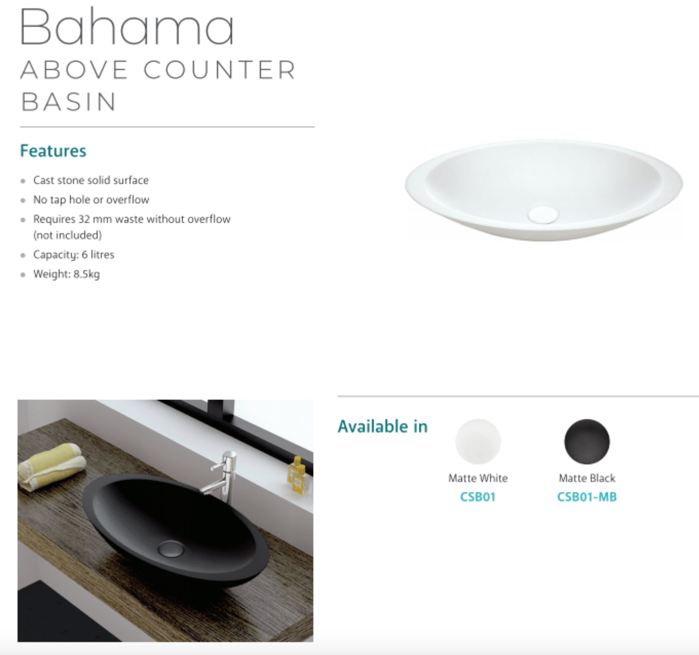Fienza CSB01 MB Matte Black Above Counter Solid Surface Basin - Modern Bathroom Sink for Vanity, Powder Room & Guest Bath Installation