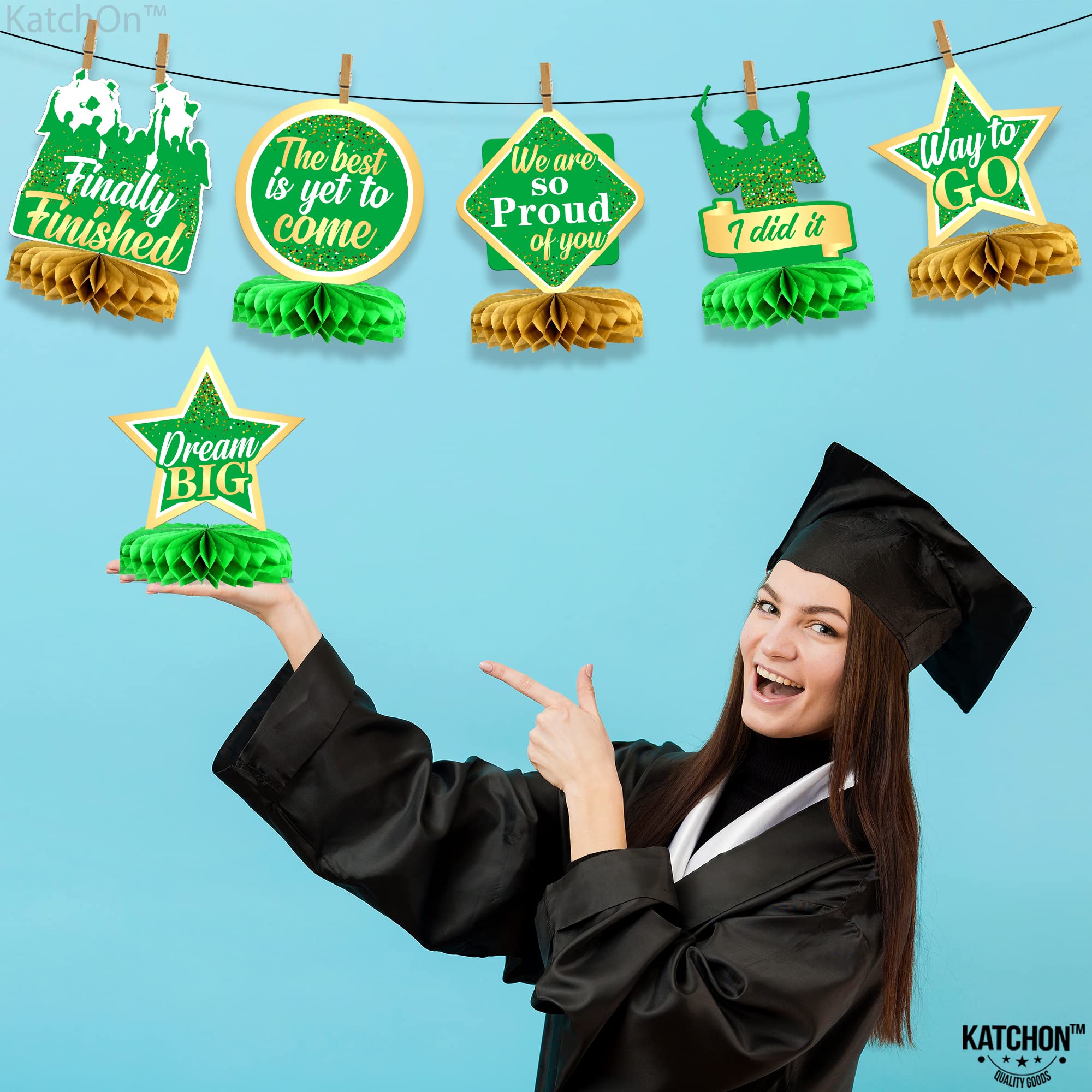 KatchOn Light Green & Gold Graduation Centerpieces for Tables 2025 - Pack of 9 Honeycomb Decorations | Congrats Grad Party Supplies | Perfect for Graduation Ceremonies, Banquets & Photo Backdrops