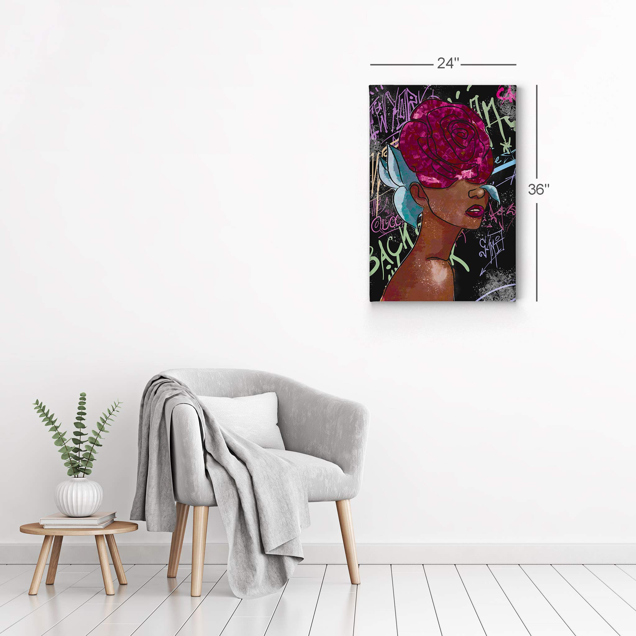 African American Wall Art Canvas Print - Black Girl with Pink Rose Pop Art Decor - 40x30 Inch Modern Black Art for Living Room, Bedroom & Office - Unique African American Cultural Home Decor Gift