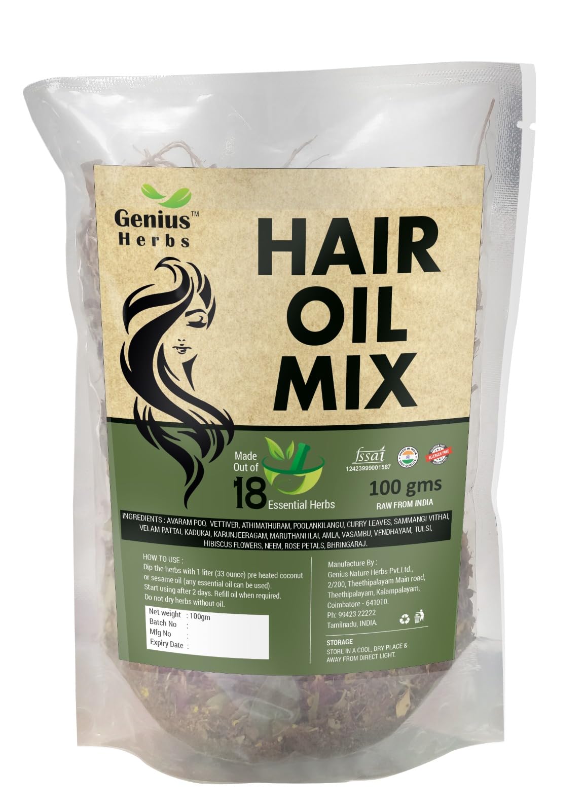 Genius Herbs Herbal Hair Oil Mix - 100g with 18 Essential Herbs for Long, Thick & Beautiful Hair Growth | Instant Premix for Hair Care | Perfect for Daily Scalp Massage & Deep Conditioning Treatment