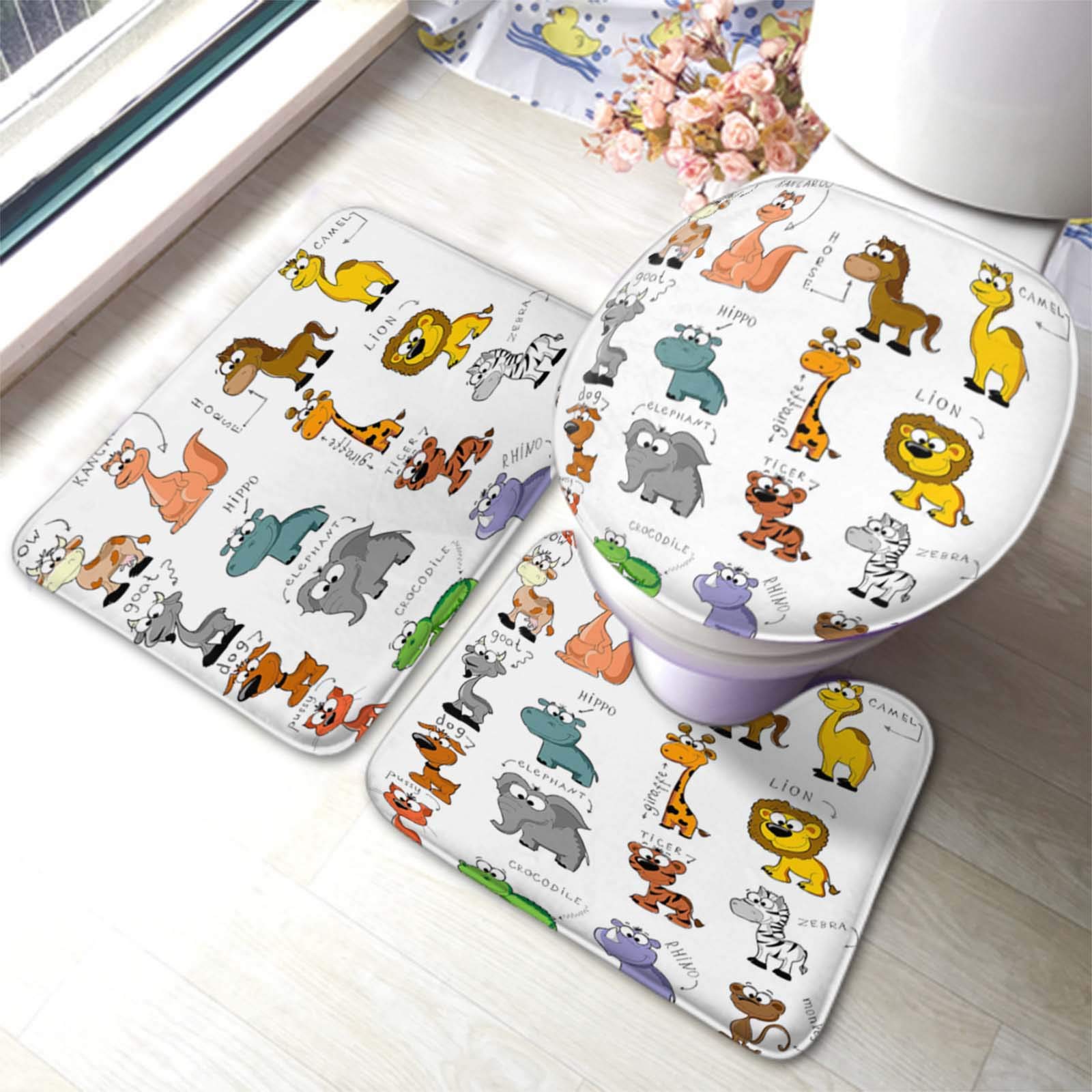 Cartoon Animal Bathroom Rug Set - 3 Piece Non-Slip Giraffe, Cow, Hippo, Dog, Elephant, Lion, Crocodile Bath Mat with U-Shaped Contour Rug & Toilet Lid Cover - Soft Absorbent Floor Mat for Kids, Nursery, Bathroom Decor
