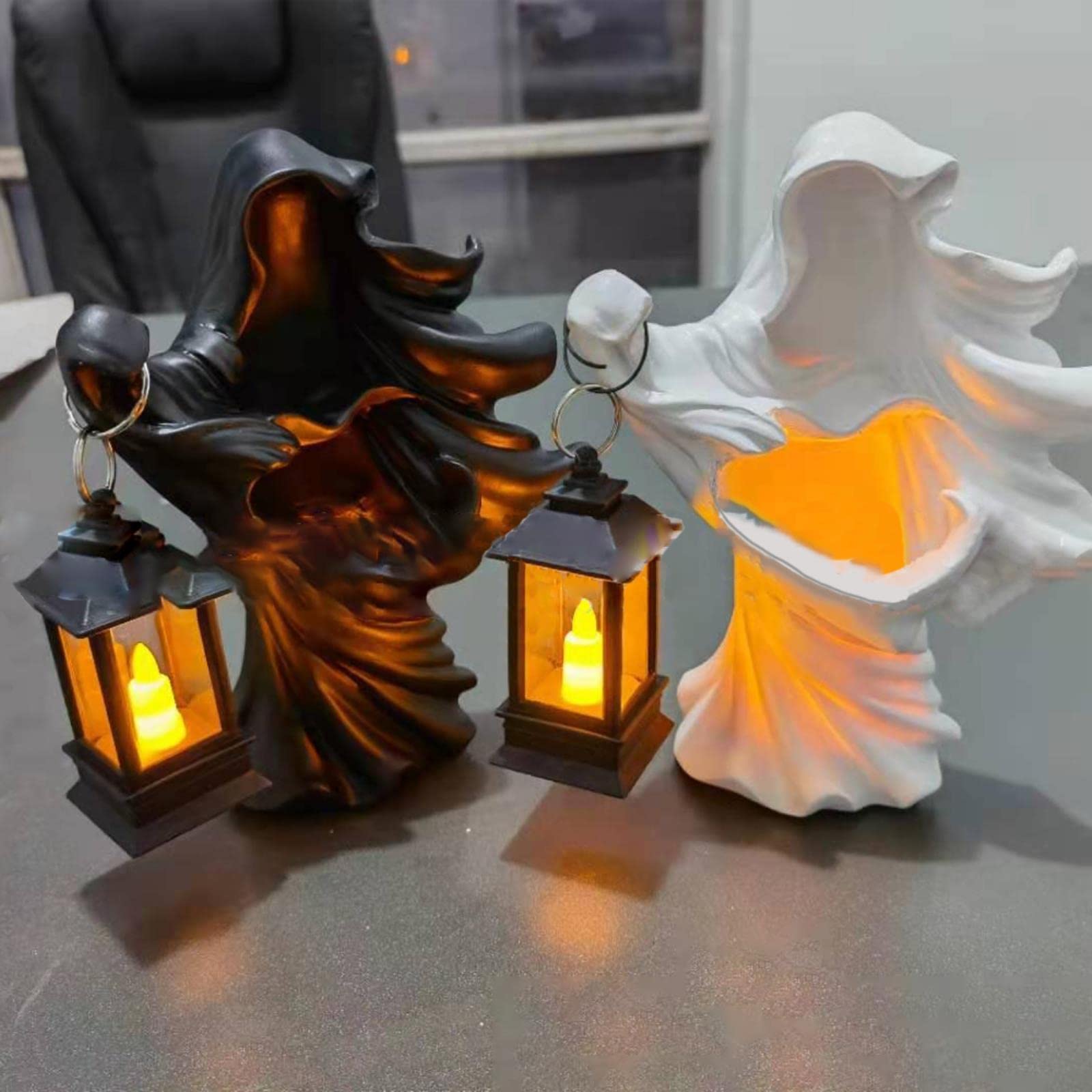 Halloween Ghost Statue Set - 2 Pack Realistic Resin Ghost Sculptures with Lantern, Hell Messenger & Light-Seeking Ghost for Spooky Garden Decor | Perfect for Halloween Yard Displays, Haunted House Props & Gothic Party Decorations