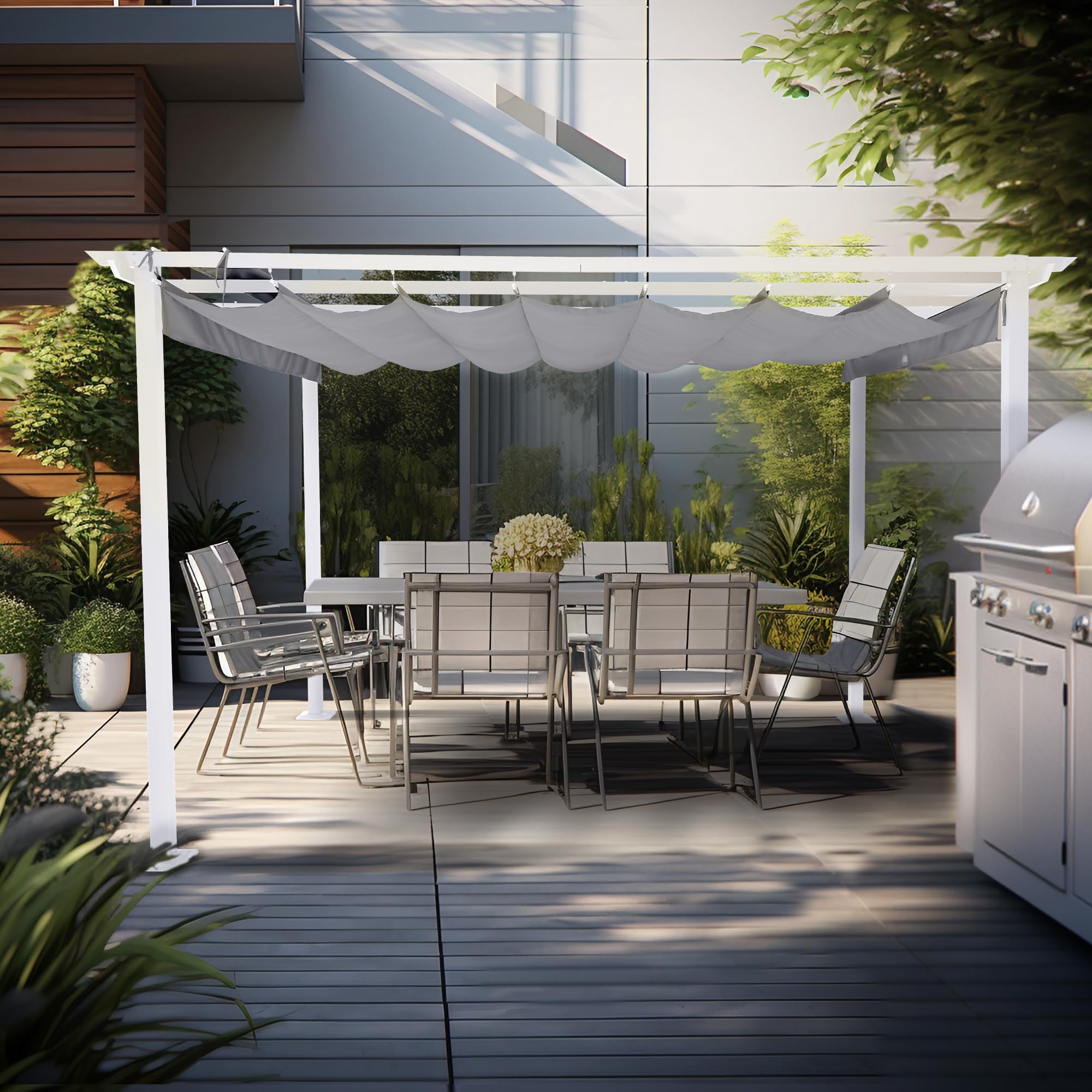 10x13 FT White Outdoor Pergola with Retractable Sun Shade Canopy - Aluminum Frame Patio Cover for Deck, Backyard & Grill Area (Grey Cloth) | Perfect for Outdoor Dining, Lounging & Summer Entertaining