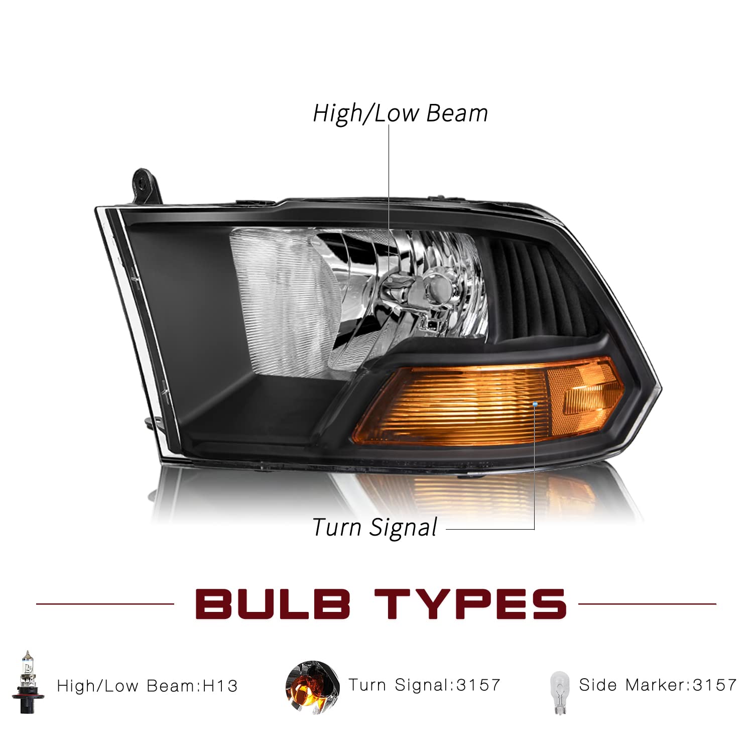 JSBOYAT Headlight Assembly Replacement for 2009-2012 Dodge Ram 1500/2500/3500 - Dual Beam Compatible - Driver & Passenger Side - Black Housing with Amber Reflector (Bulbs Included) - Perfect for Night Driving & Off-Road Adventures