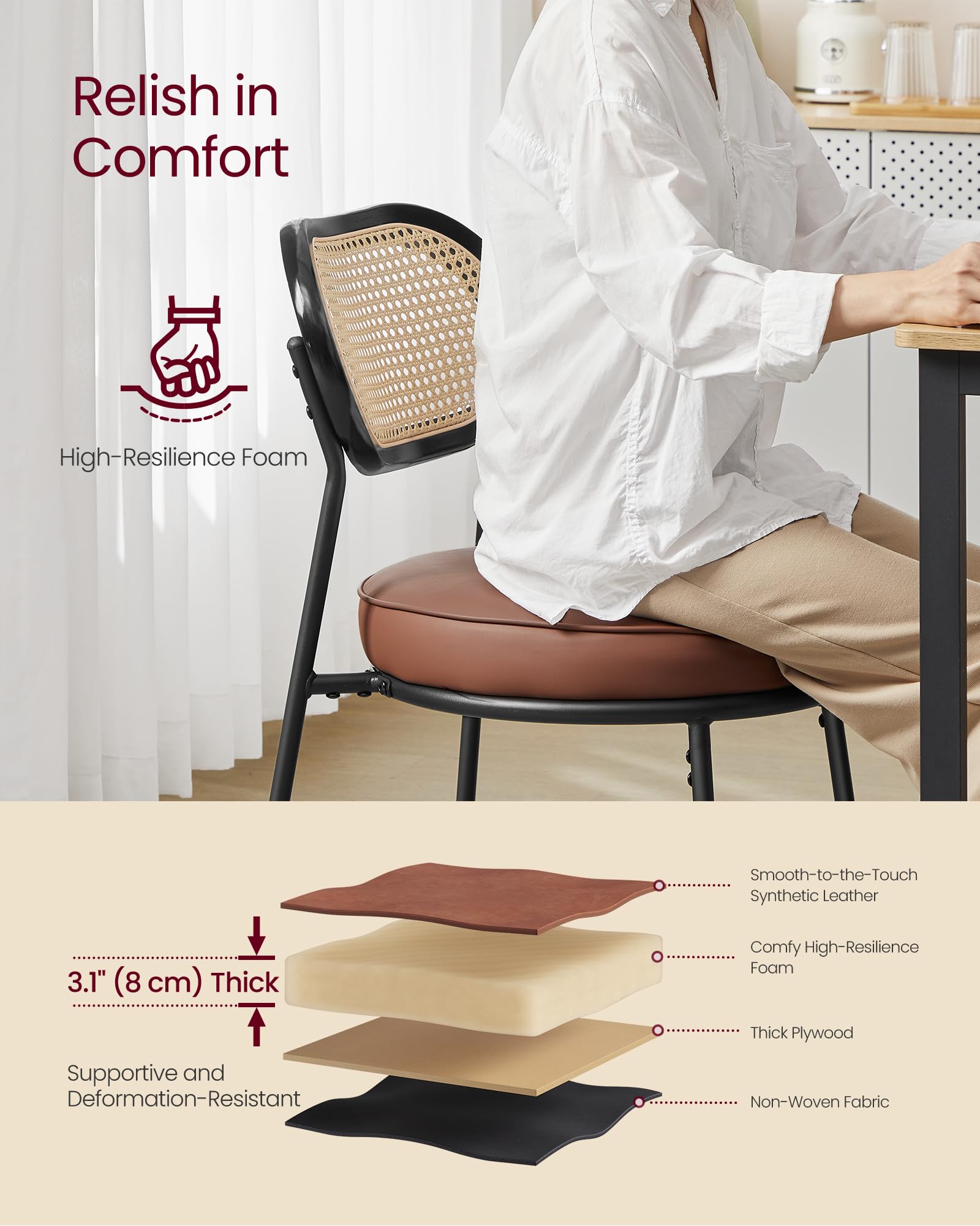 VASAGLE 4-Piece Boho Dining Chair Set with PE Rattan Back & Synthetic Leather Upholstery - Mid-Century Modern Kitchen & Living Room Accent Chairs in Coffee Brown | Perfect for Dining Rooms, Breakfast Nooks & Home Decor ULDC160K24