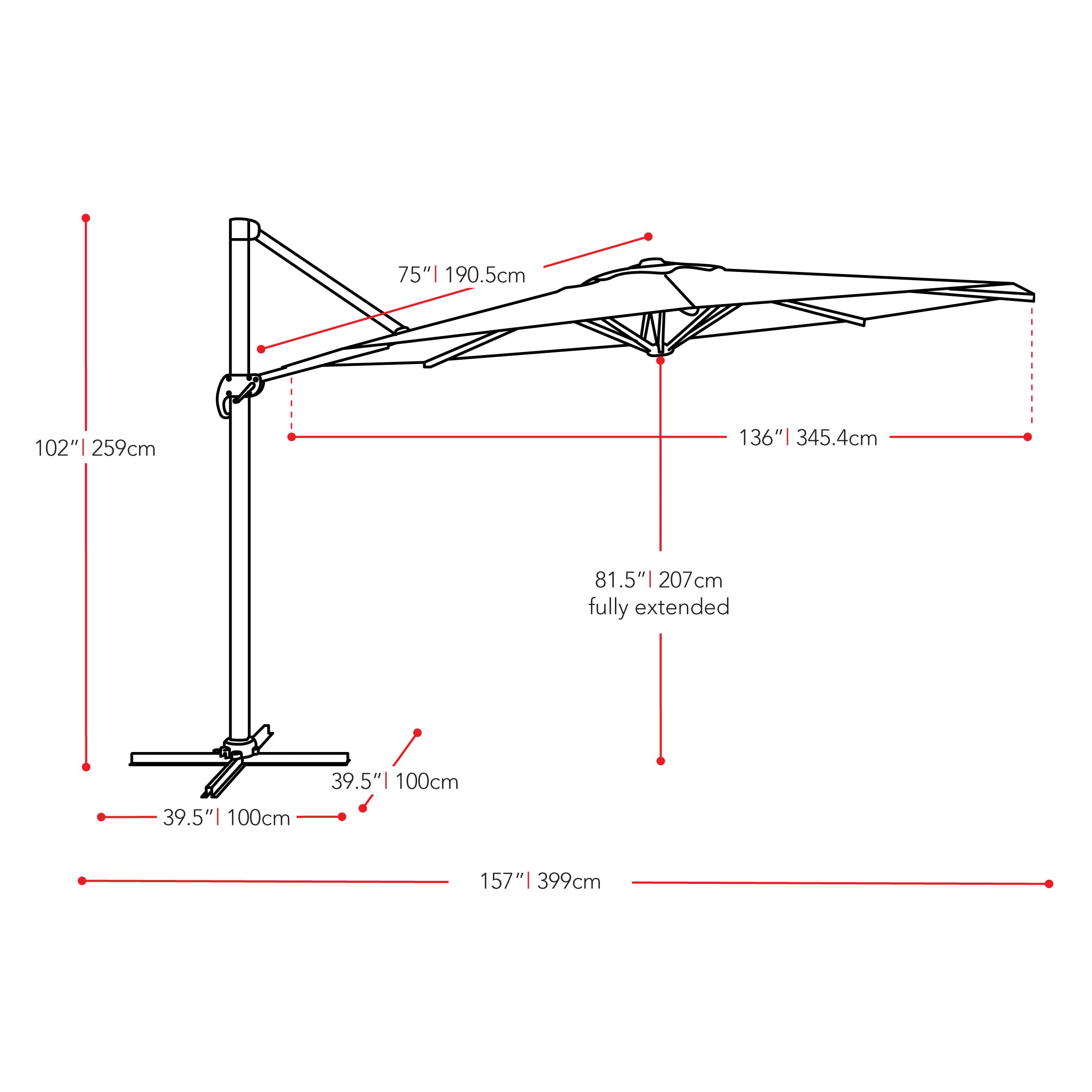 CorLiving 11.5ft Deluxe Offset Patio Umbrella with Base Weights - Warm White Fabric Canopy for Outdoor Shade - Perfect for Poolside, Backyard, Deck, and Garden Relaxation