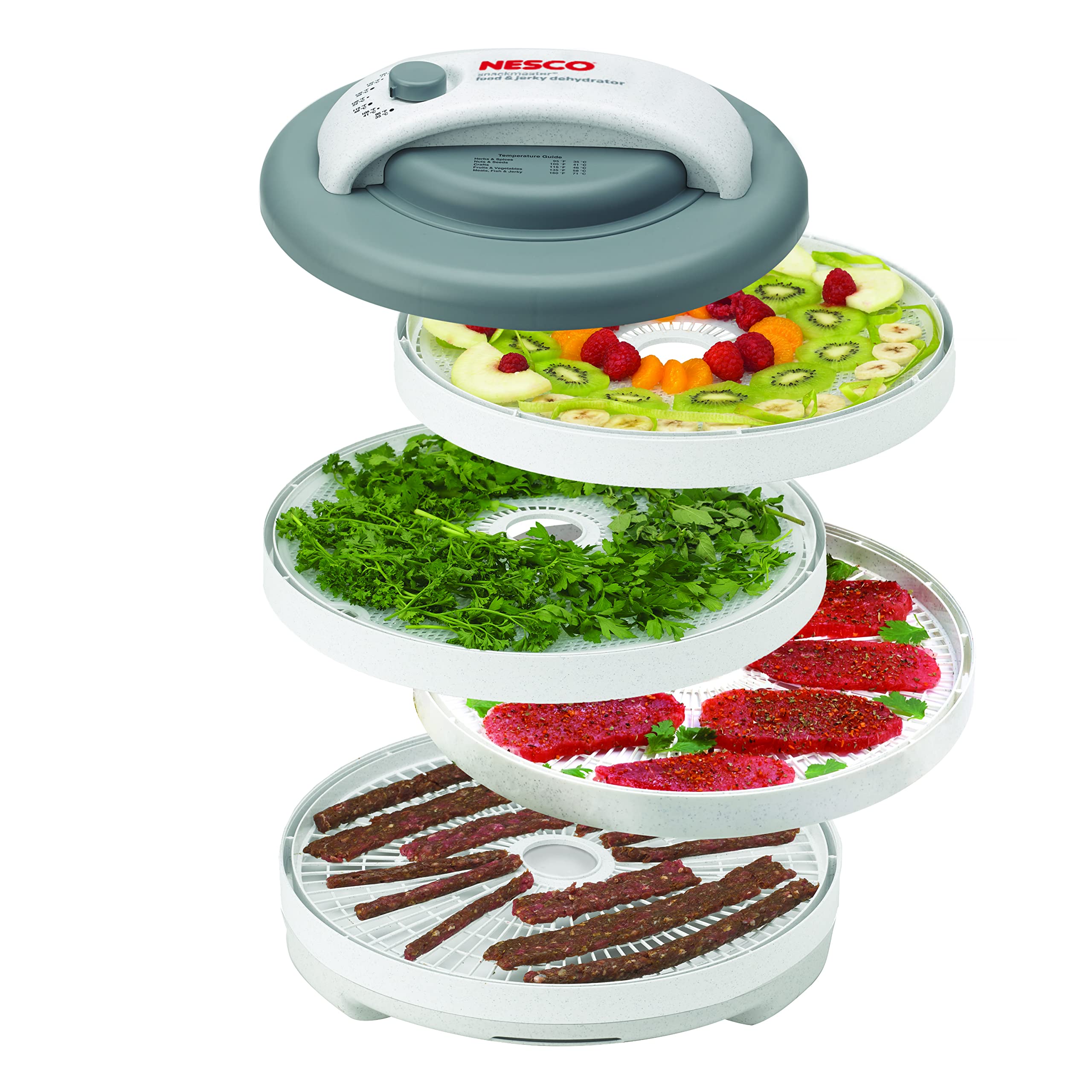 Nesco FD-61 Snackmaster Encore Food Dehydrator - 4 Stainless Steel Trays for Homemade Beef Jerky, Fruit Leather, Veggie Chips & Healthy Snacks | Perfect for Camping, Hiking & Meal Prep | Gray
