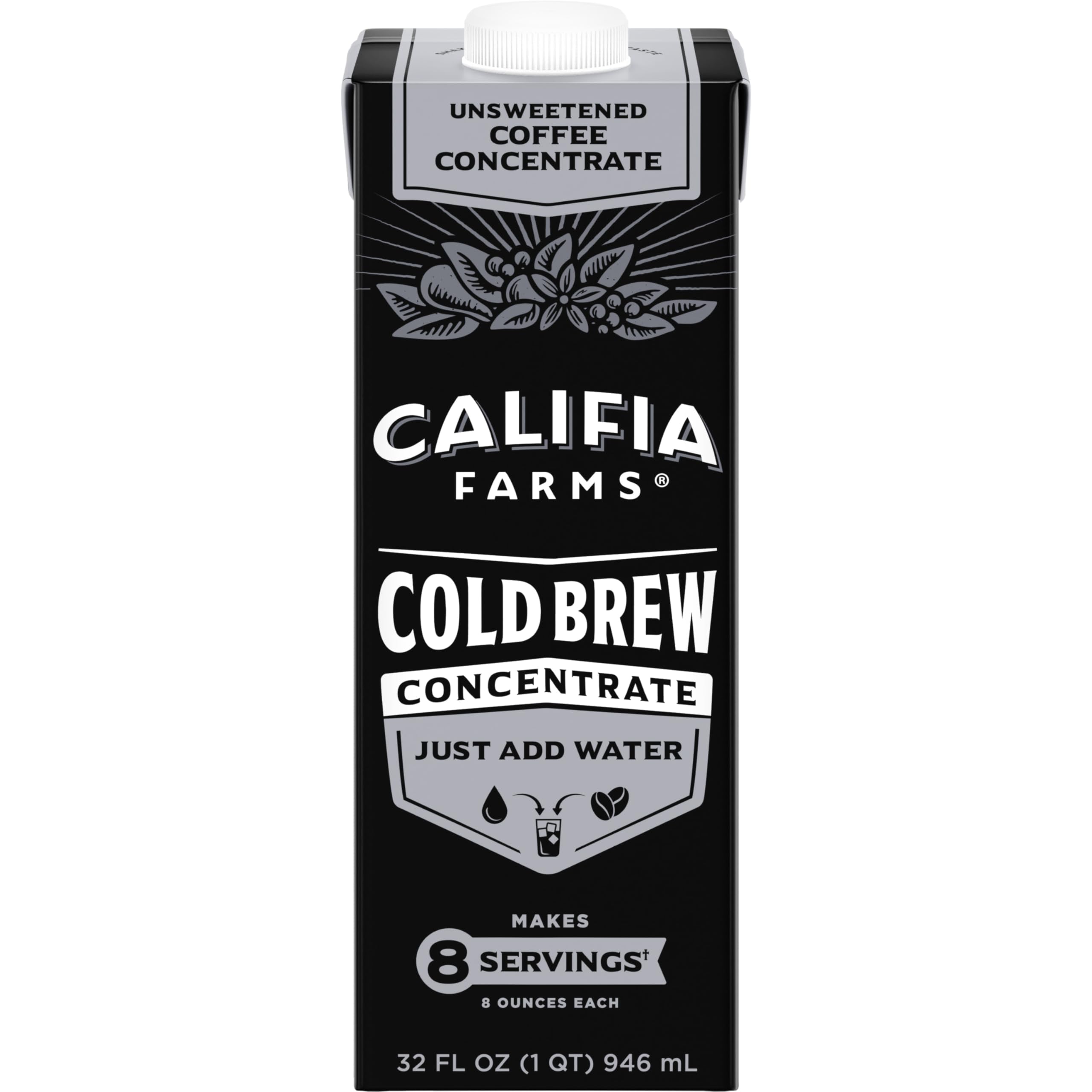 Califia Farms Unsweetened Cold Brew Coffee Concentrate 32 Oz - 100% Arabica, Shelf Stable, Vegan, Gluten Free, Non-GMO, Sugar Free | Perfect for Iced Coffee, Smoothies & Baking at Home or Office
