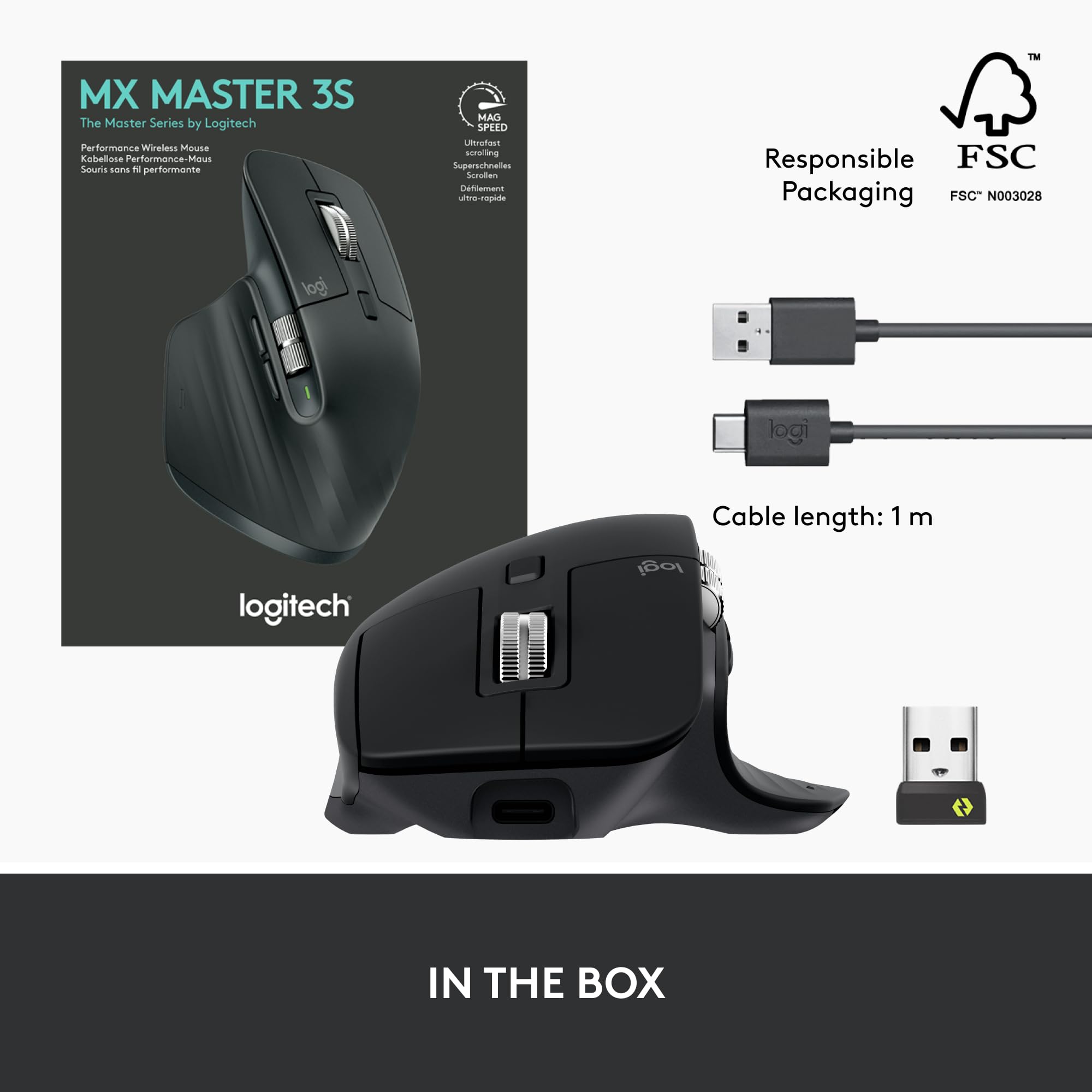 Logitech MX Master 3S Wireless Ergonomic Mouse - Ultra-Fast Scrolling, 8000 DPI Precision, Silent Clicks, Glass Surface Tracking, USB-C & Bluetooth Connectivity - Compatible with Windows, Linux, Chrome - Perfect for Graphic Design, Video Editing & Office Work