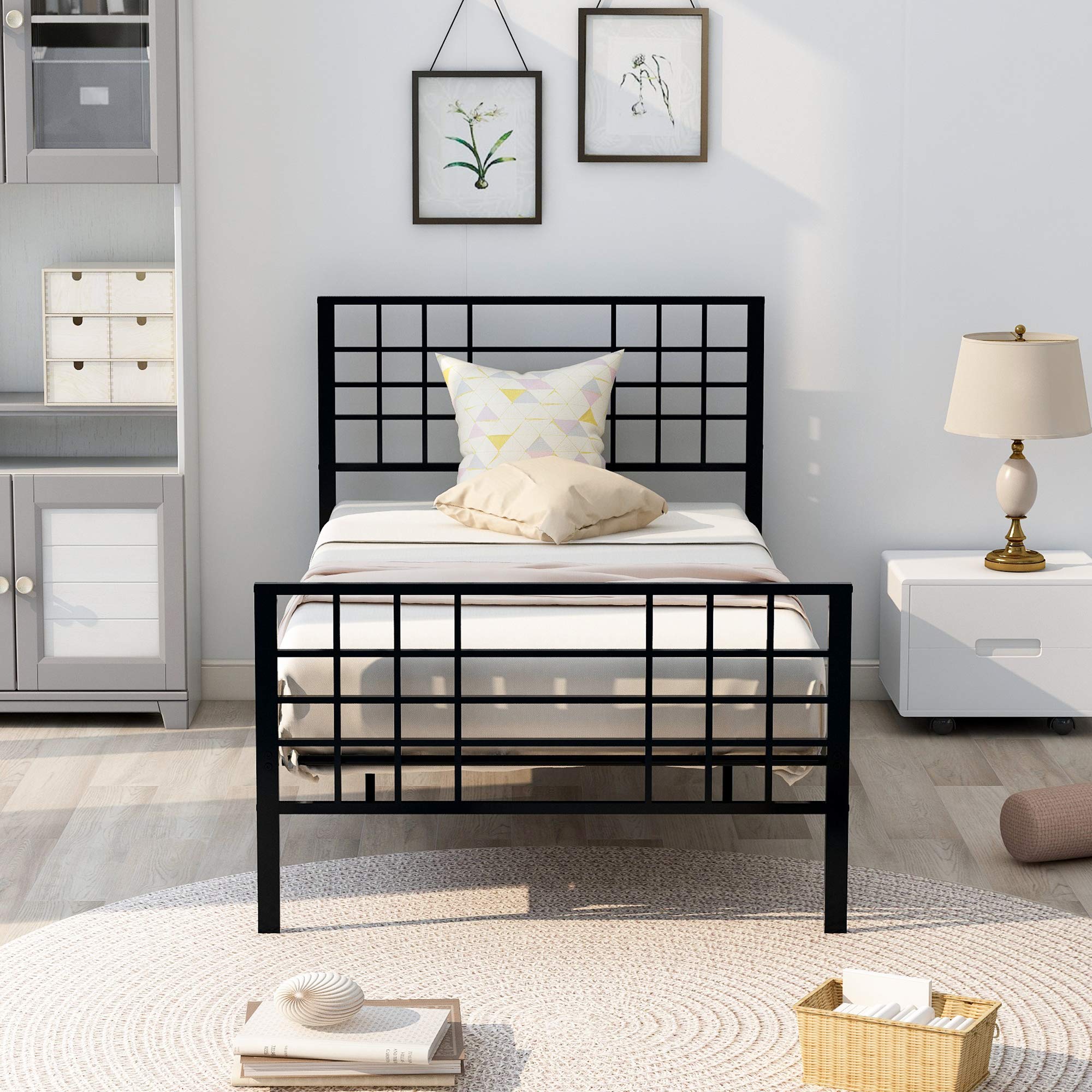 Black Metal Bed Frame Twin Size with Headboard and Footboard - Sturdy Single Platform Mattress Base, Metal Tube & Iron-Art Design - Perfect for Small Bedrooms, Guest Rooms & Dormitories