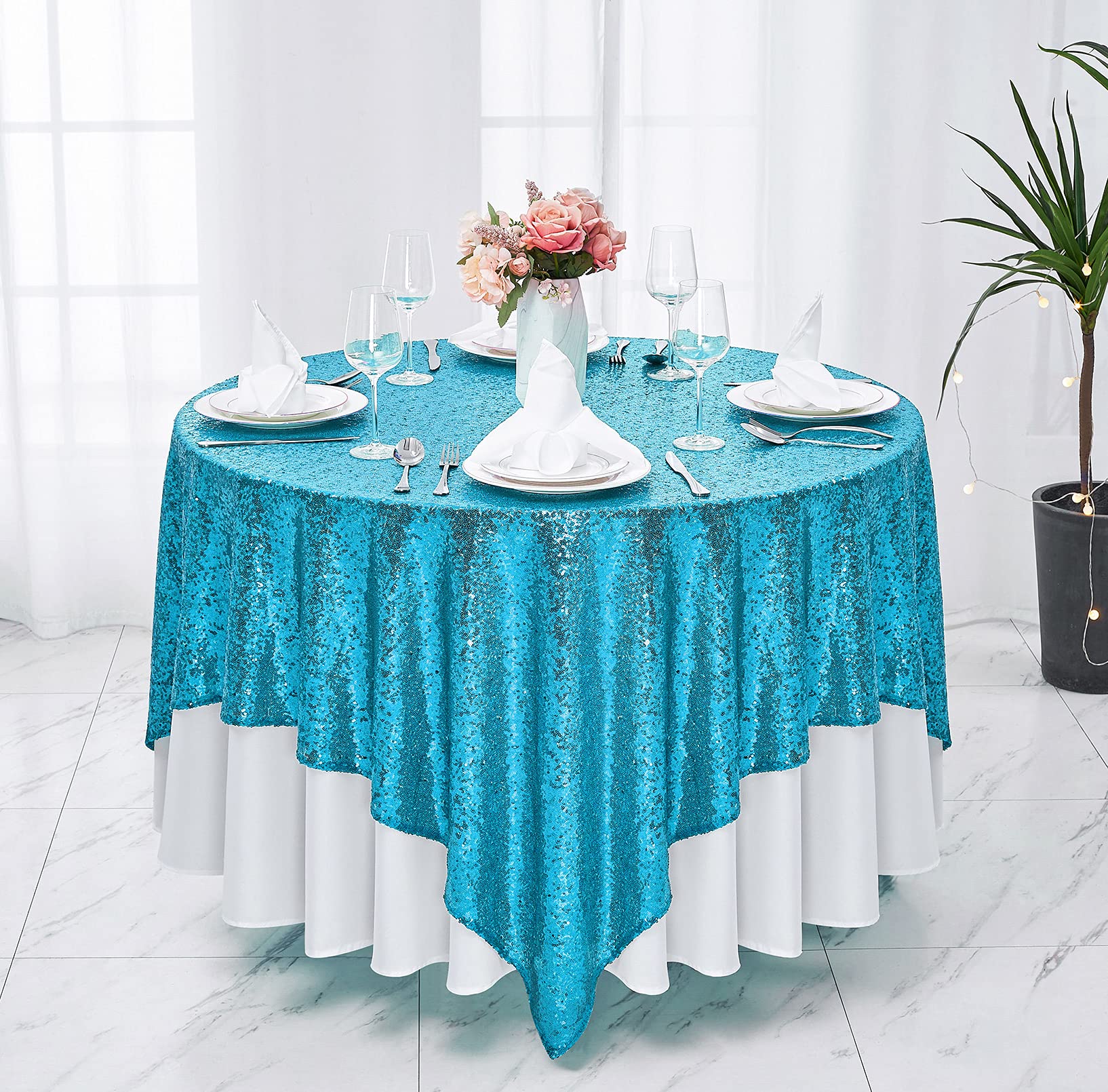 50x50 Inch Square Sequin Tablecloth Turquoise - Glitter Table Cover for Wedding, Birthday Party, Bridal Shower, Banquet & Dessert Table Decor - Perfect for Holiday Celebrations, Home Decor & Special Events