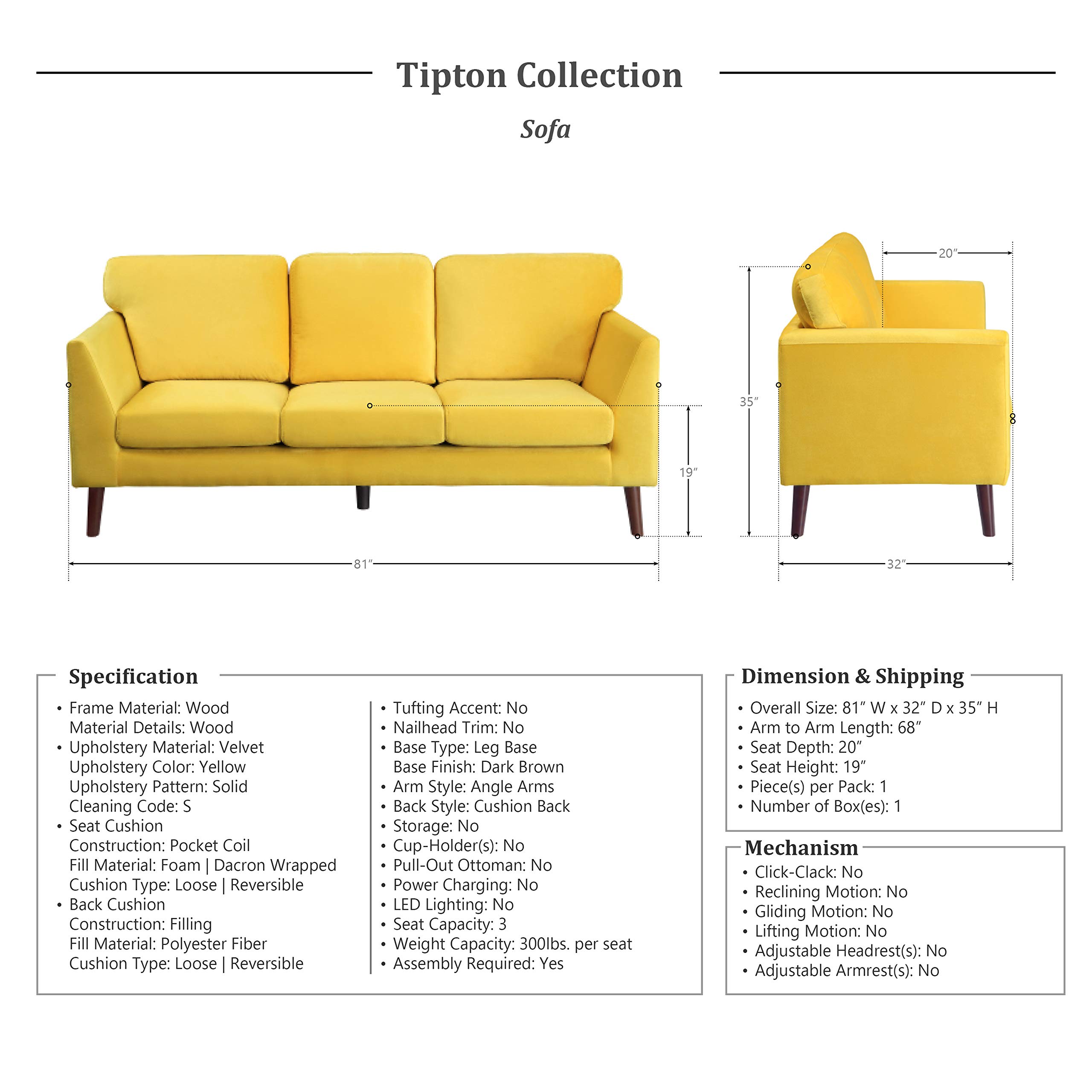 Lexicon Tipton 2-Piece Living Room Furniture Set in Yellow - Modern Sofa & Loveseat for Small Spaces, Apartments, and Cozy Living Rooms
