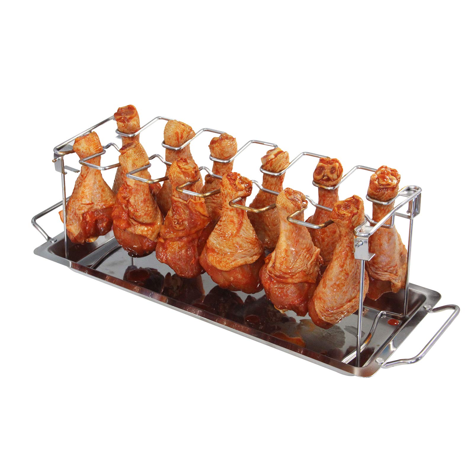 Stainless Steel Chicken Wing & Leg Rack - Holds 12 Drumsticks or Wings - BBQ Roaster Stand with Drip Tray for Kamado Joe, Big Green Egg, Smoker Grill & Oven - Perfect for Backyard BBQs, Tailgating & Outdoor Cooking
