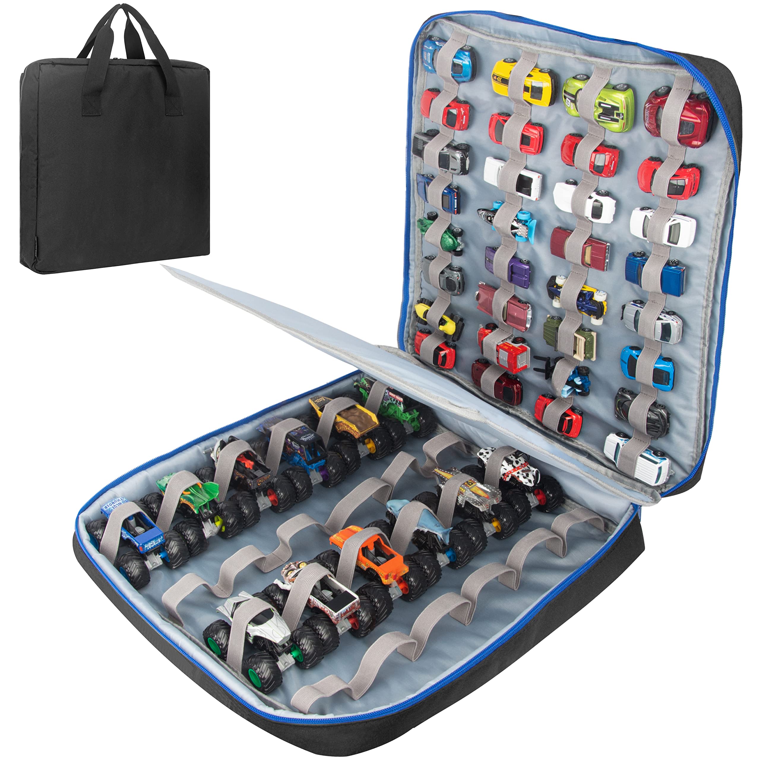 KISLANE 56-Slot Toy Car Storage Case for 1:64 Scale Diecast Cars & Monster Trucks - Durable Carrying Organizer with Handle (Black) - Perfect for Kids' Playrooms, Travel & Toy Collection Organization