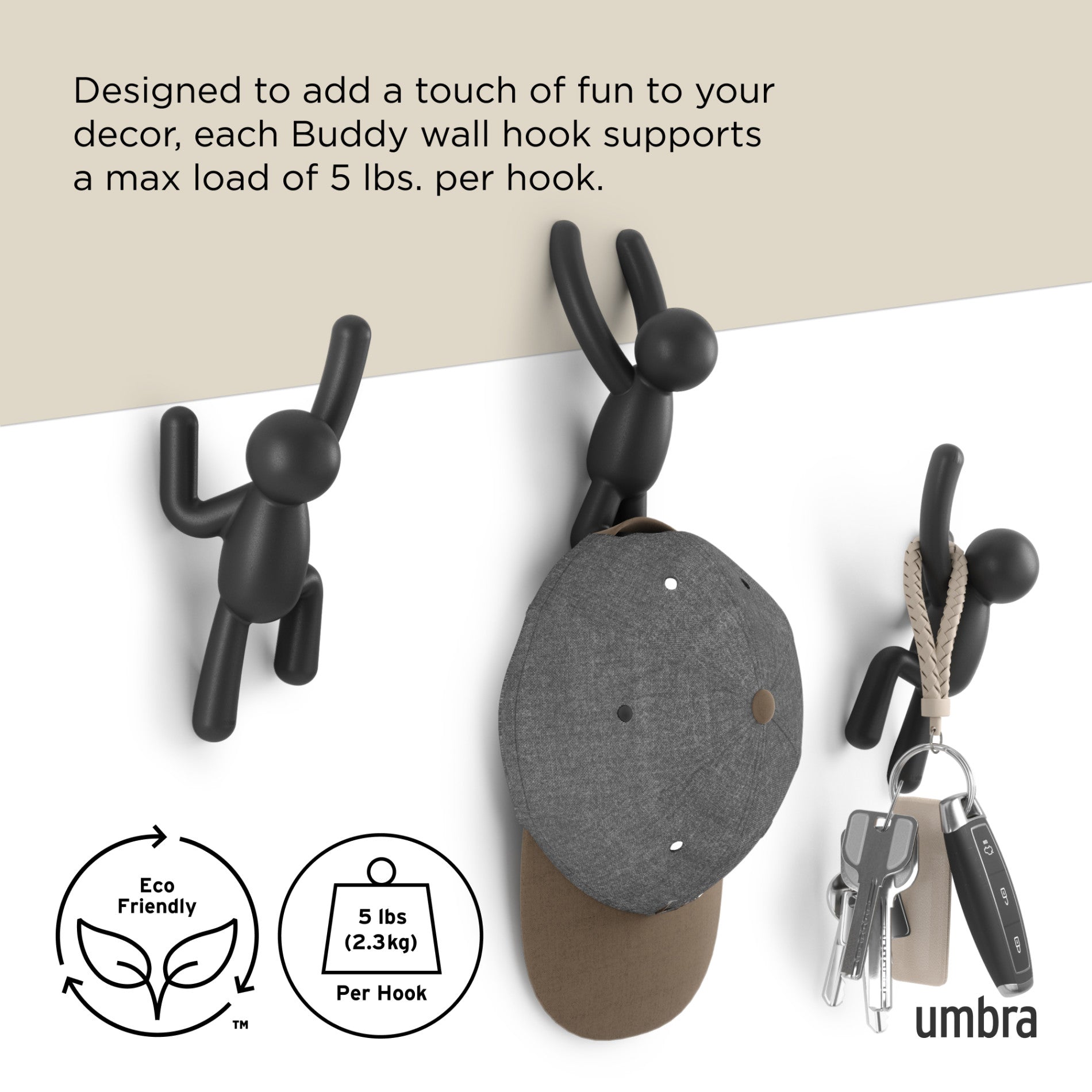 Buddy Wall Hooks Set of 3 - Heavy Duty Adhesive Hooks for Hanging Coats, Hats & Keys - Perfect for Home, Office & Dorm Organization