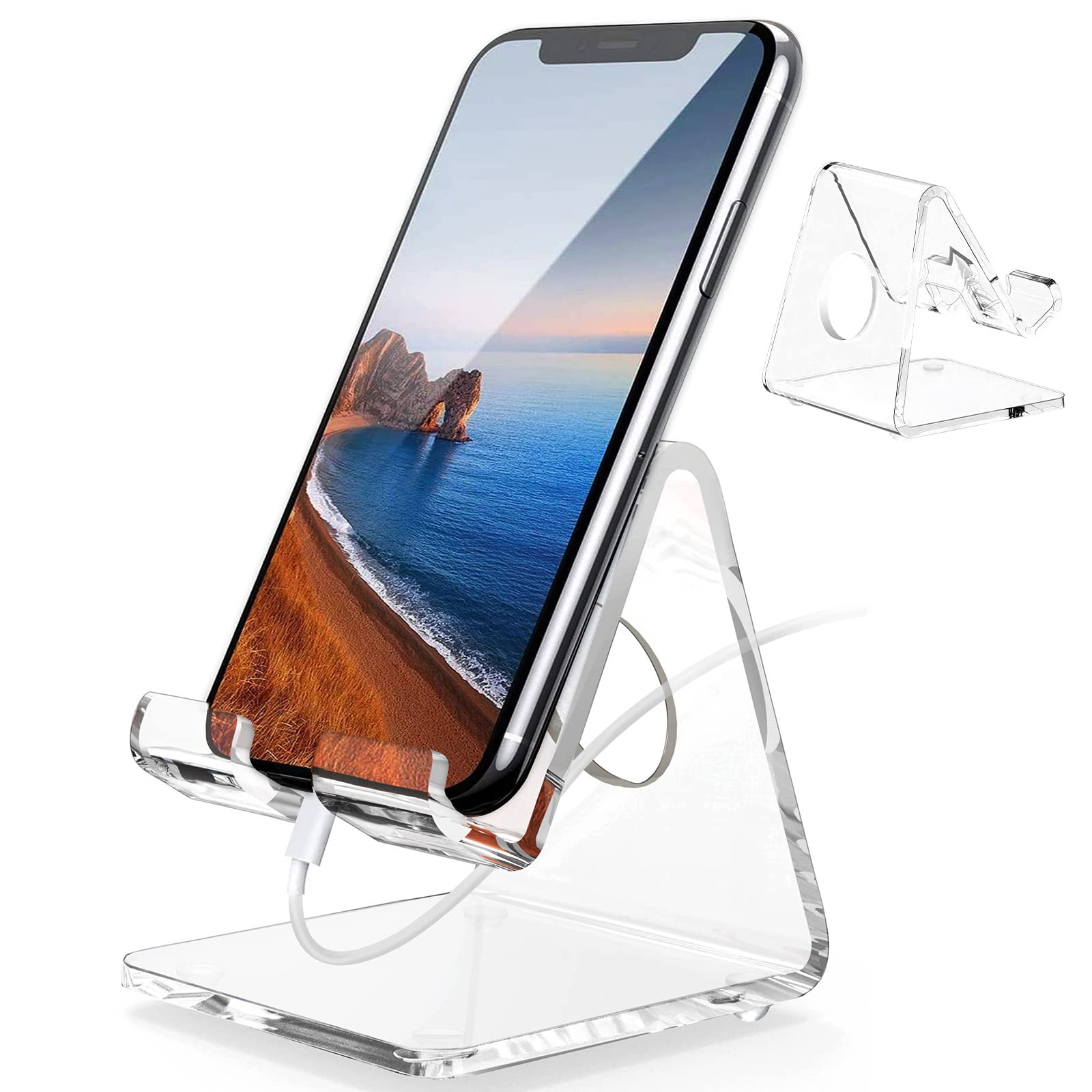 Clear Acrylic Phone Stand for Desk - Universal Smartphone & Tablet Holder Compatible with iPhone 13 Pro Max/Mini/11/XR/8/SE & Android Devices - Perfect for Home Office, Bedside, Kitchen Counter & Desk Organization Accessories