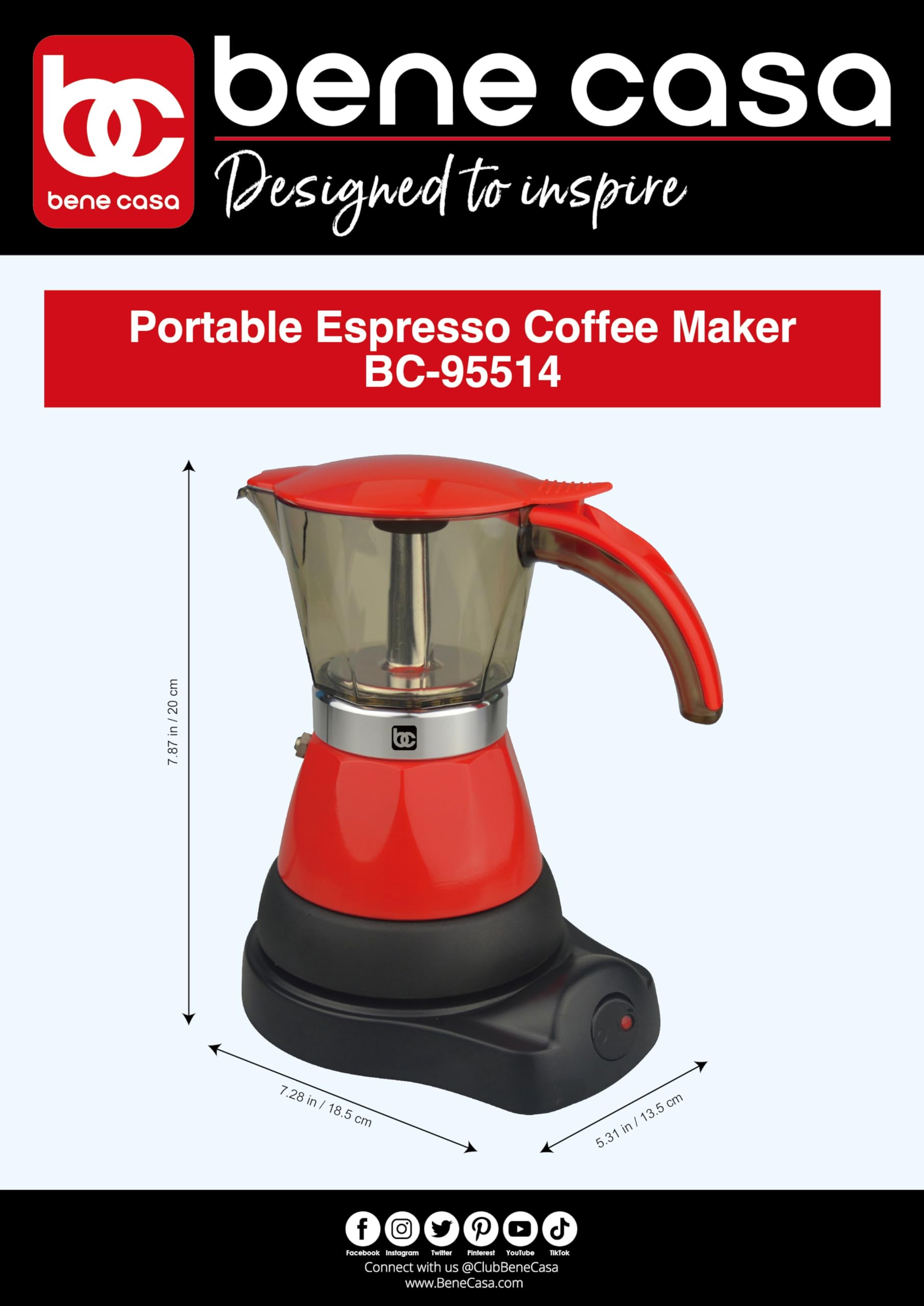 Bene Casa BC-95514 Red 3-Cup Electric Espresso Maker - Compact Coffee Machine for Home, Office & Small Kitchens - Perfect for Espresso Lovers & Small Spaces