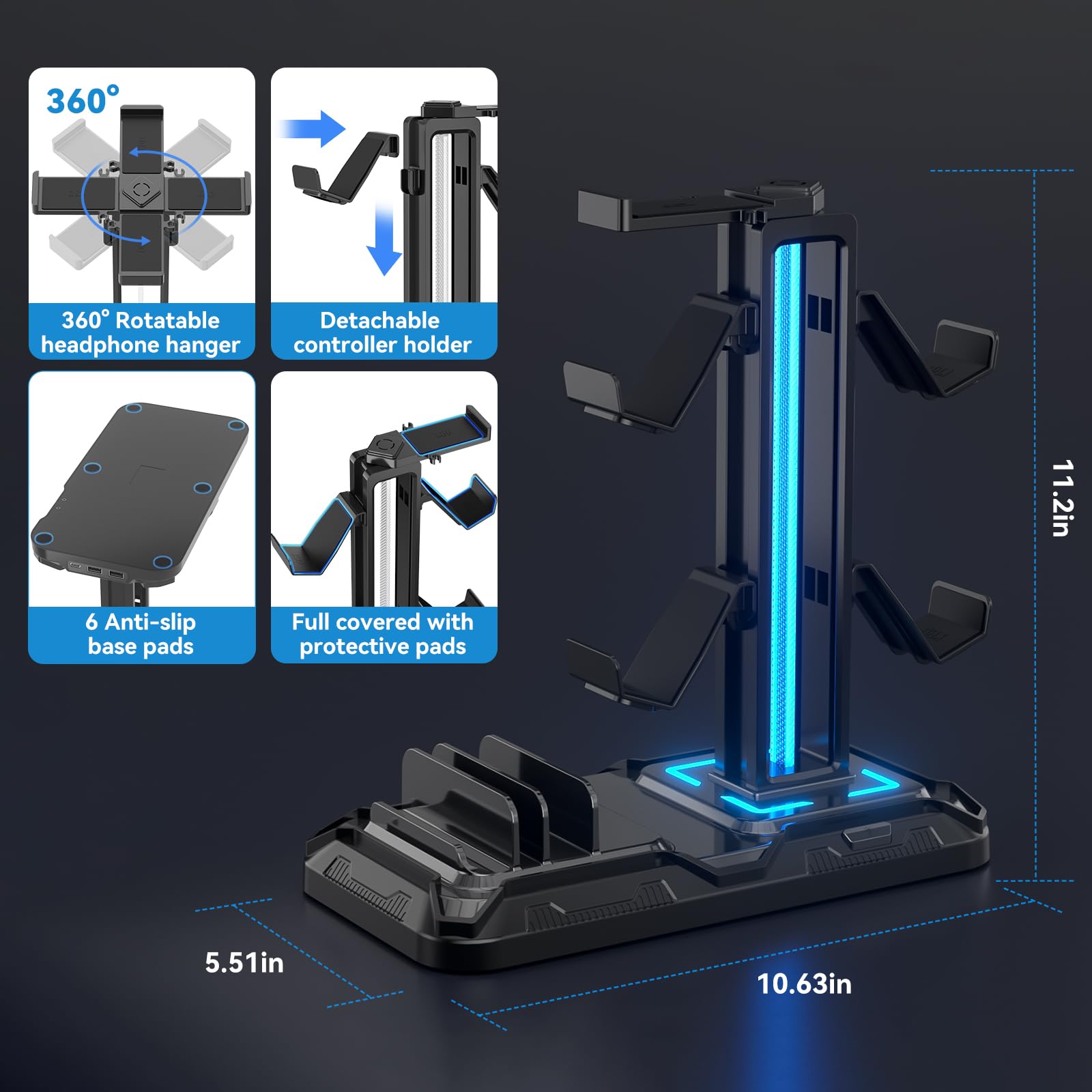 KDD Premium Headset Stand with Wireless Charging Station - Detachable Controller Holder & 9 RGB Light Modes - Rotatable Headphone Hanger with Dual USB A/C Ports - Perfect Gaming Headset Stand for PS5, Xbox & PC Setup - Ideal for Gaming Room, Office & Home Desk Organization