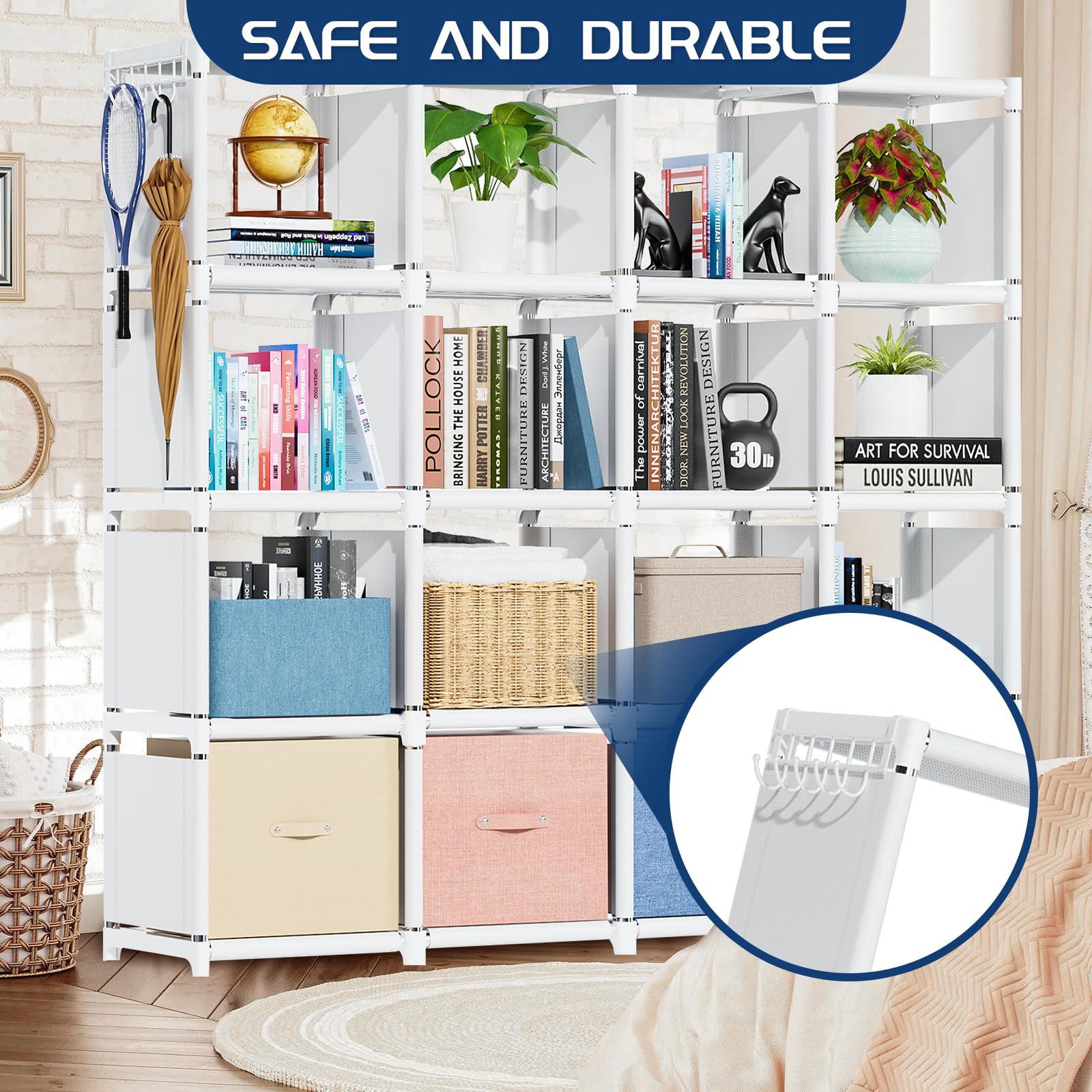 Mavivegue 16 Cube Storage Organizer - White Metal Bookcase Shelf for Bedroom, Living Room & Office - DIY Tall Bookshelf for Home Decor, Book Storage & Display