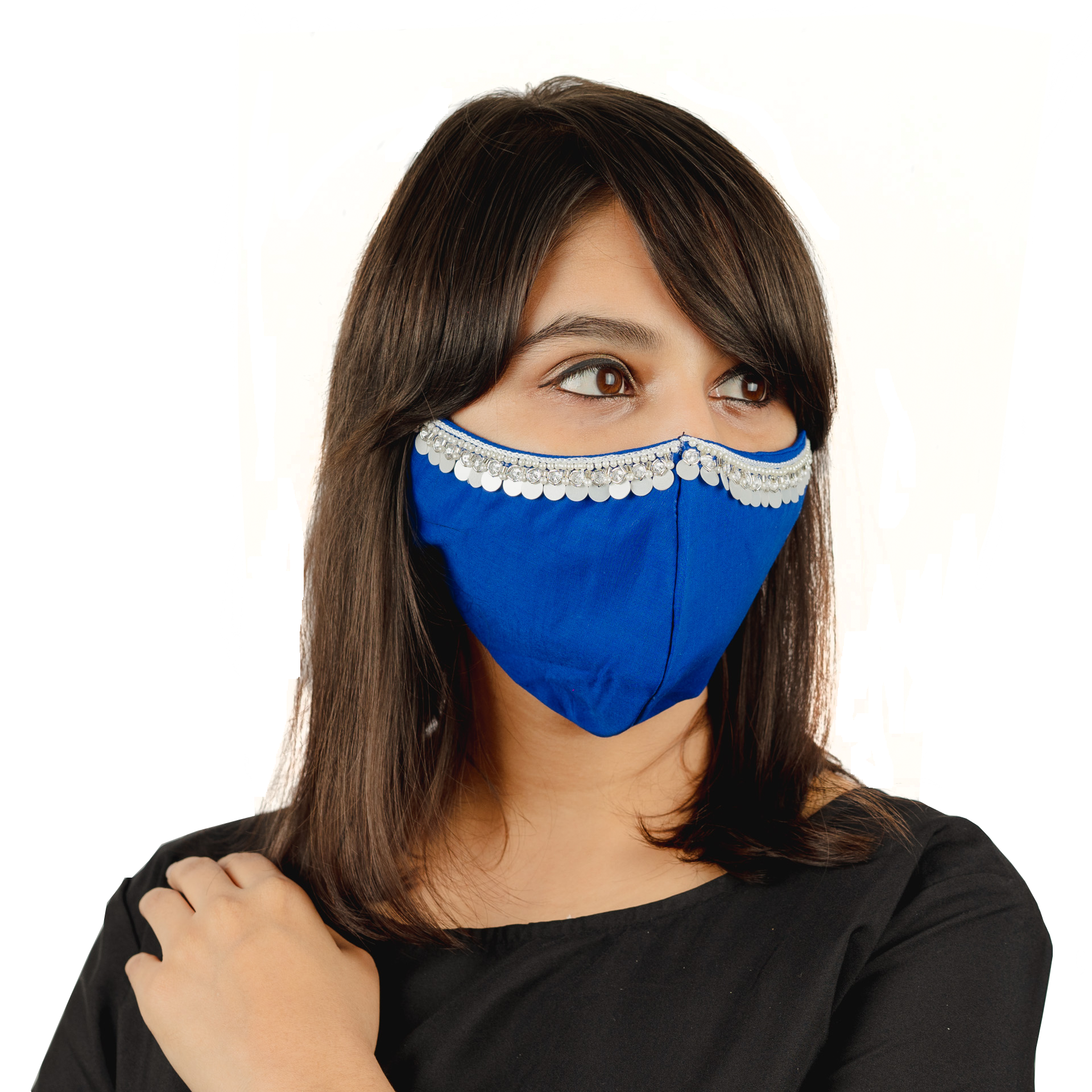 Royal Blue Cotton Face Mask with Hanging Tassel Embroidery - Breathable & Stylish for Everyday Wear, Parties, and Festivals