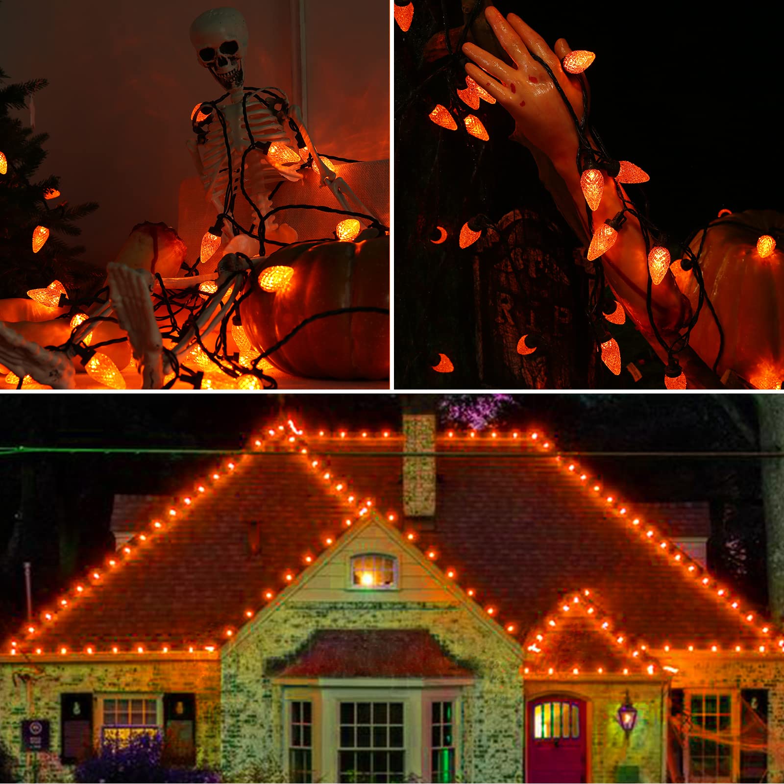 Brizled C9 Halloween Lights - 33ft 50 LED Faceted Orange String Lights, Connectable UL Certified 120V Outdoor Indoor Decor for Garden, Tree, Yard, Patio, Halloween Party & Home Decoration