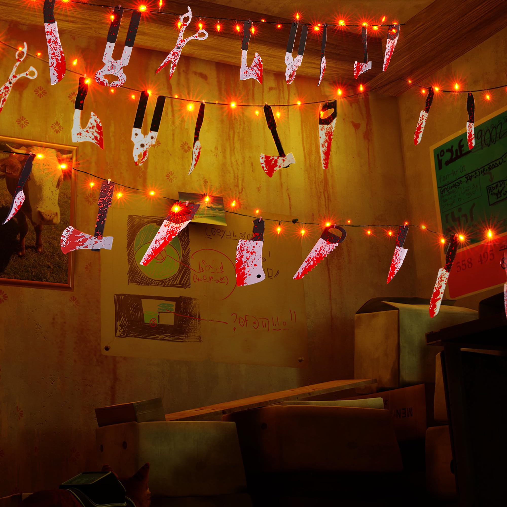 BLCtec 12FT Halloween String Lights with 16 Fake Bloody Knives & 50 LED Orange Bulbs - 8 Lighting Modes Battery Operated Scary Decor for Halloween Party, Haunted House, Yard, and Outdoor Décor