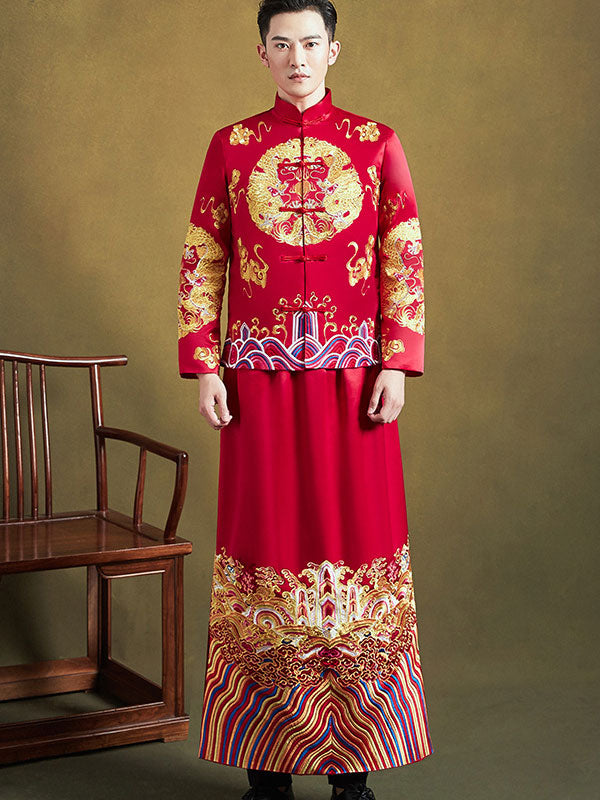 Exquisite Red Embroidered Phoenix Qun Kwa Wedding Dress - Traditional Chinese Bridal Gown for Tea Ceremony & Reception