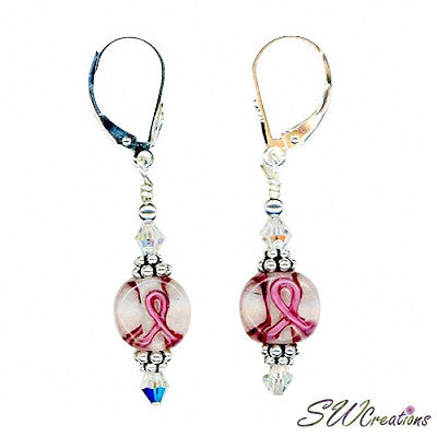 Handmade Crystal Lampwork Bali Earrings for Women - Pink Ribbon Breast Cancer Awareness Jewelry - Perfect for Fundraisers, Gifts & Everyday Wear
