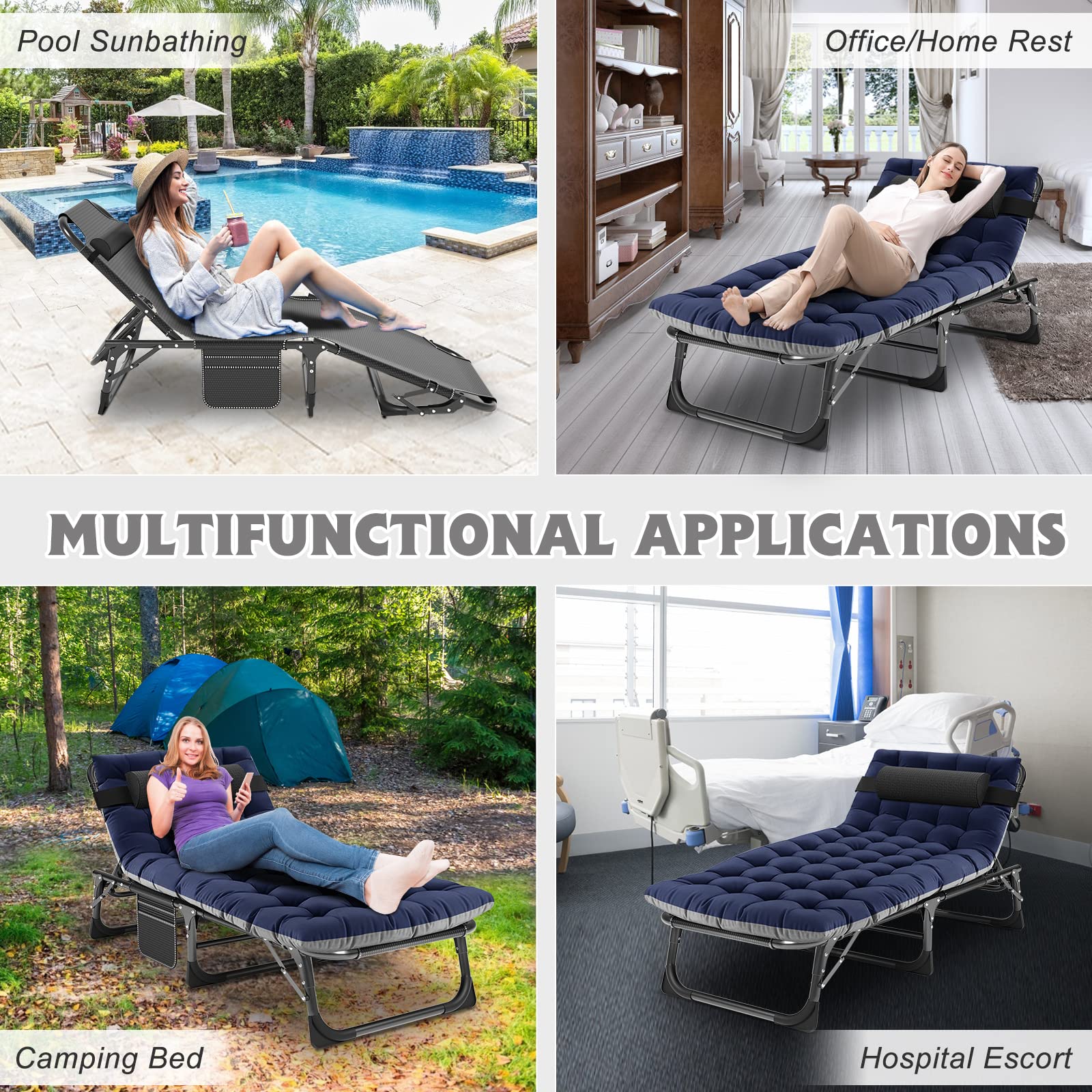 ABORON 5-Position Adjustable Folding Camping Cot for Adults - Portable Outdoor Sleeping Bed, Reclining Lounge Chair with Pillow for Beach, Lawn, Camping, Pool & Sunbathing - Heavy Duty & Compact Design