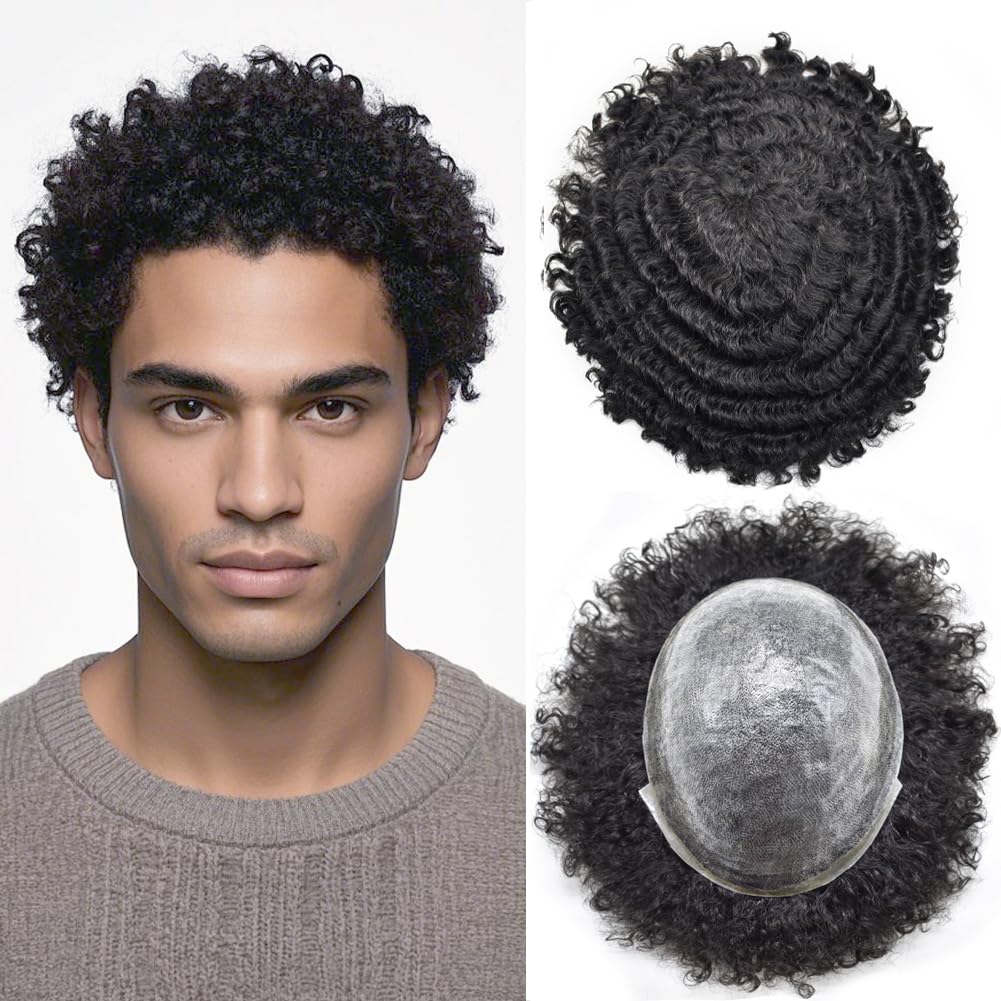 Afro Curl Toupee for Black Men - 100% Human Hair Replacement System with Kinky Curly 12mm Afro Wave (Jet Black #1) - Natural-Looking Mens Wig for African American Hair Loss & Styling - Perfect for Daily Wear, Special Occasions & Confidence Boosting