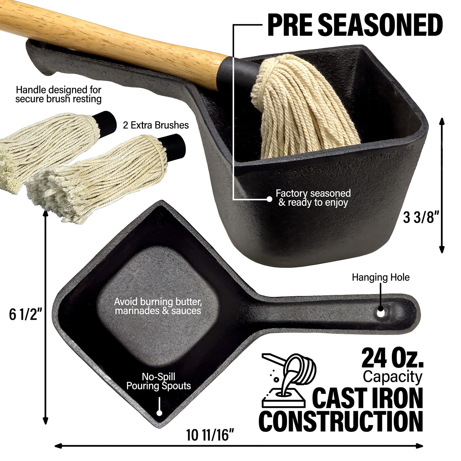 Cast Iron Sauce Pot with BBQ Mop Brush – 24oz Small Cast Iron Basting Pot for Grilling, Smoking, Saucing – Perfect for BBQ, Steak, Ribs & Outdoor Cooking Accessories