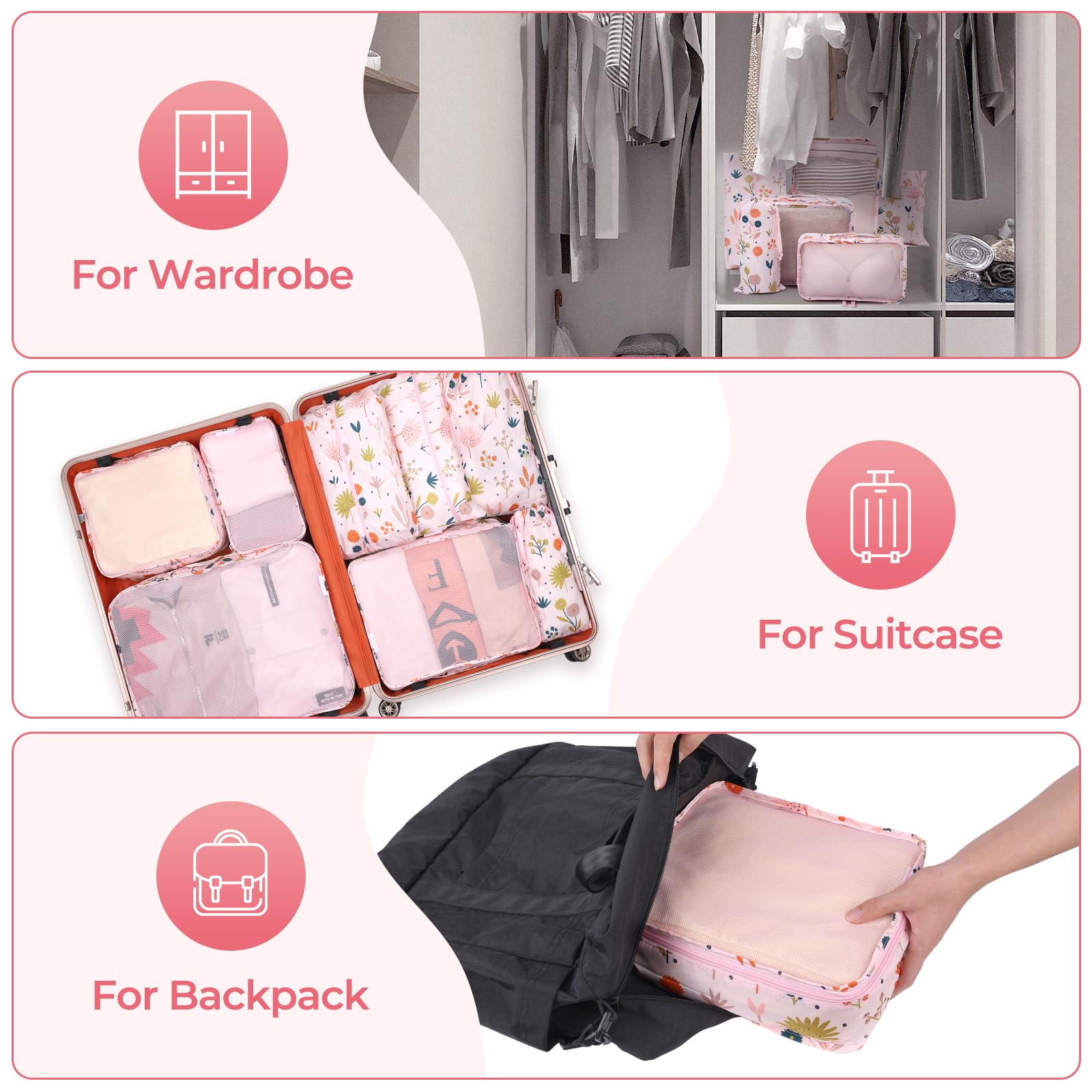 8 Piece Packing Cubes Set for Travel - Floral Printed Luggage Organizers | Perfect for Suitcases, Carry-Ons & Backpacking Trips