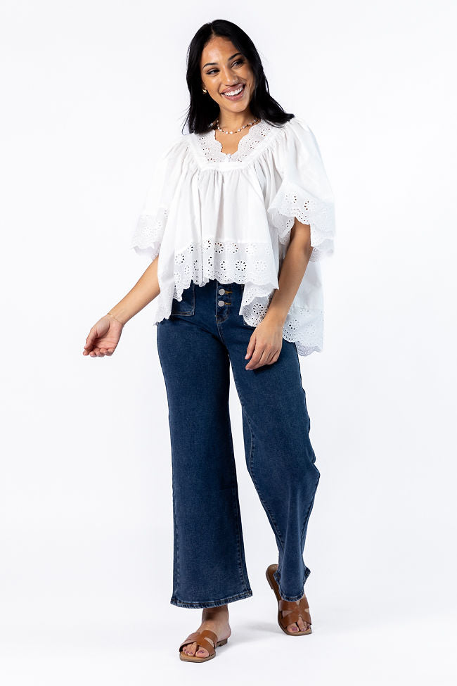 No Regrets Ivory Eyelet Detail Popover Short Sleeve Blouse - Women's Casual Summer Top for Work, Date & Vacation