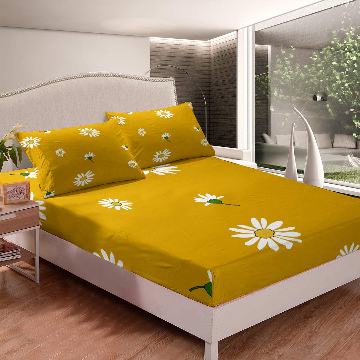 Queen Size White Small Flowers Printed Deep Pocket Fitted Sheet Set - 3 Piece (1 Fitted Sheet + 2 Pillow Cases) - Soft Polyester Bedding with Dark Yellow Background for Kids Room - Perfect for Cozy Bedrooms, Guest Rooms & Dorm Decor