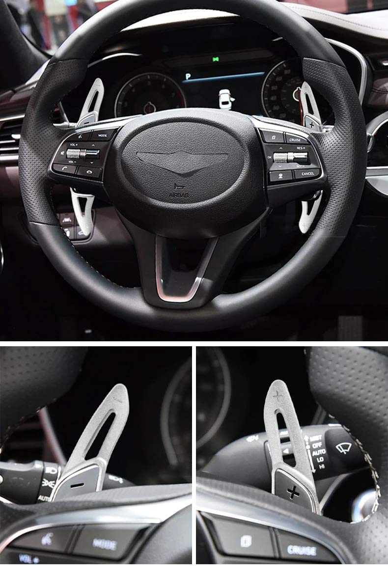 SANRILY CNC Billet Aluminum Steering Wheel Paddle Shifter Extensions for 2018-2023 Hyundai Genesis G70 - Silver Metal Racing Accessories | Enhanced Driving Experience & Interior Upgrade