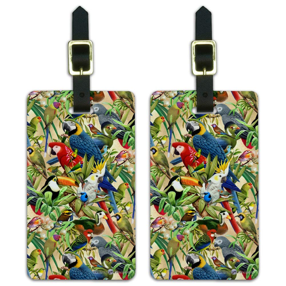 Colorful Tropical Birds Parrot Macaw Pattern Luggage ID Tags - 2 Pack Waterproof Travel Bag Tags for Suitcases, Backpacks & Carry-Ons | Perfect for Vacation, Air Travel & Cruise Trips