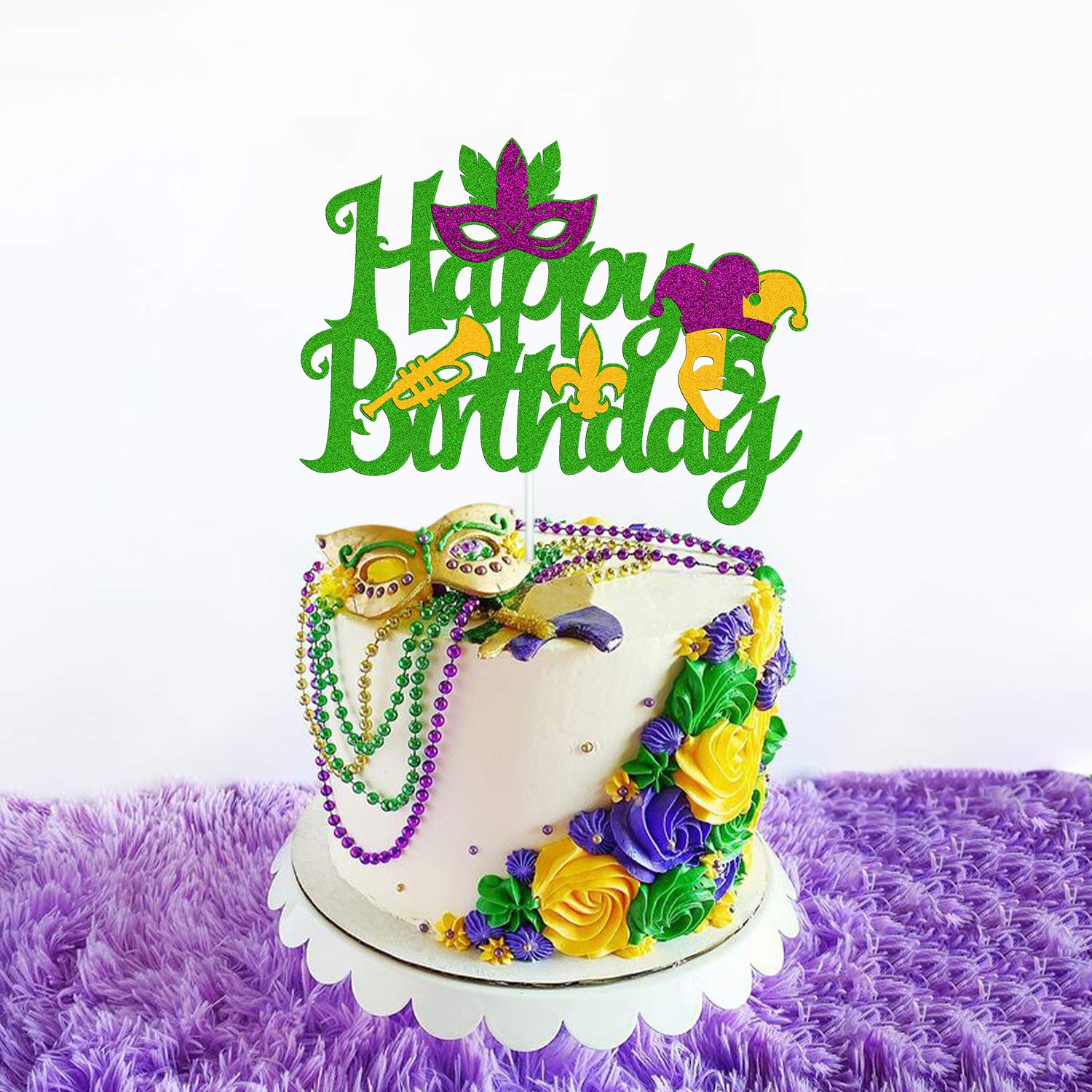 **Mardi Gras Birthday Cake Topper - Glitter Green Carnival Masquerade Costume Decorations for Fat Tuesday Theme Parties | Perfect for Women, Men, Kids, Boys, Girls, First Birthdays & Baby Showers | Great for Themed Celebrations & Festive Gatherings**
