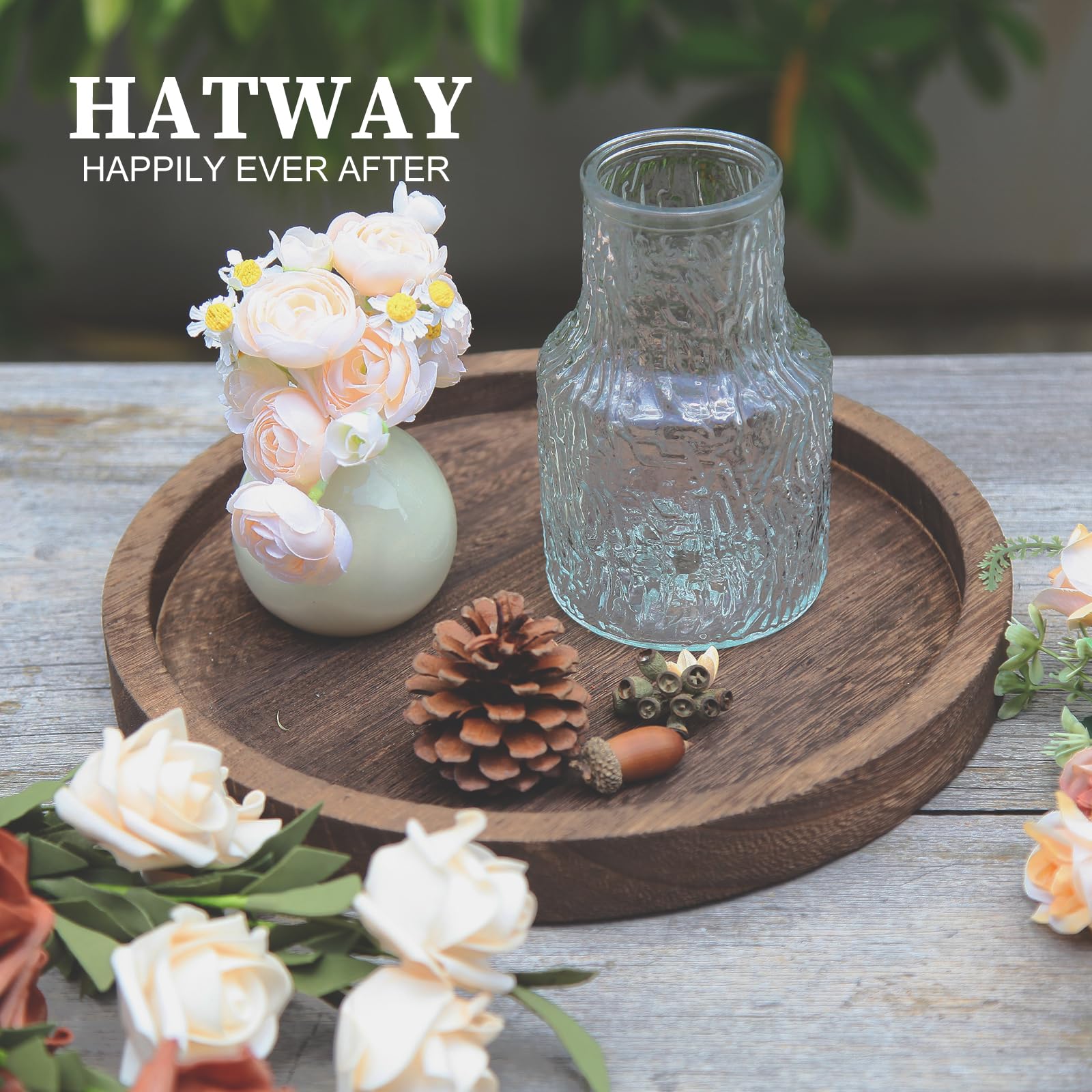 Round Wooden Decorative Tray with Candle Holder - Rustic Home Decor Centerpiece for Coffee Table, Dining Table & Christmas Display | Perfect for Farmhouse, Boho & Holiday Decorating