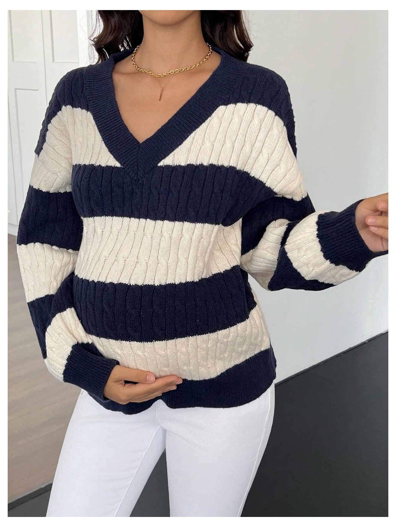 Stylish Women's Maternity Sweater - Striped Cable Knit V-Neck Long Sleeve Pregnancy Top for Comfort & Fashion | Perfect for Office, Casual Outings & Maternity Photos