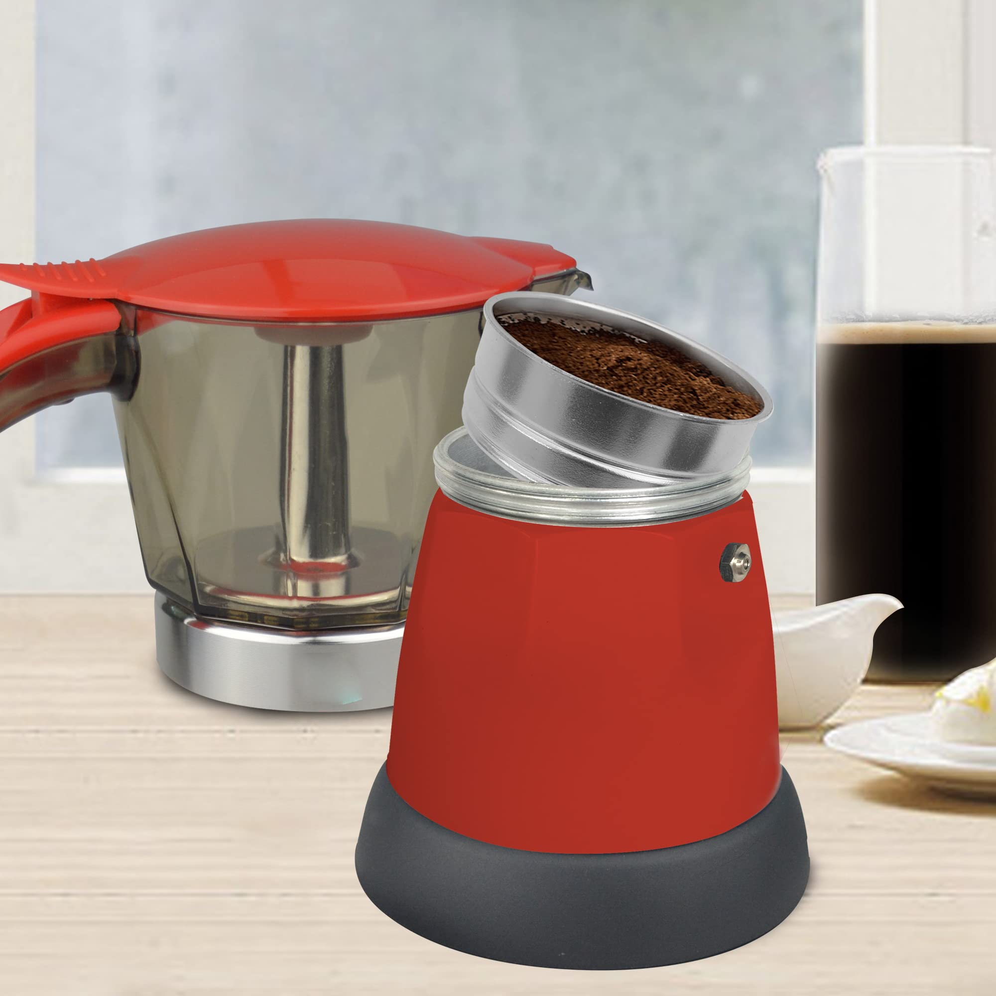 Bene Casa Red Portable Electric Espresso Maker - 3 or 6 Cup Capacity, Fast Heating, Compact Design - Perfect for Home, Office, Travel & Camping Coffee Lovers