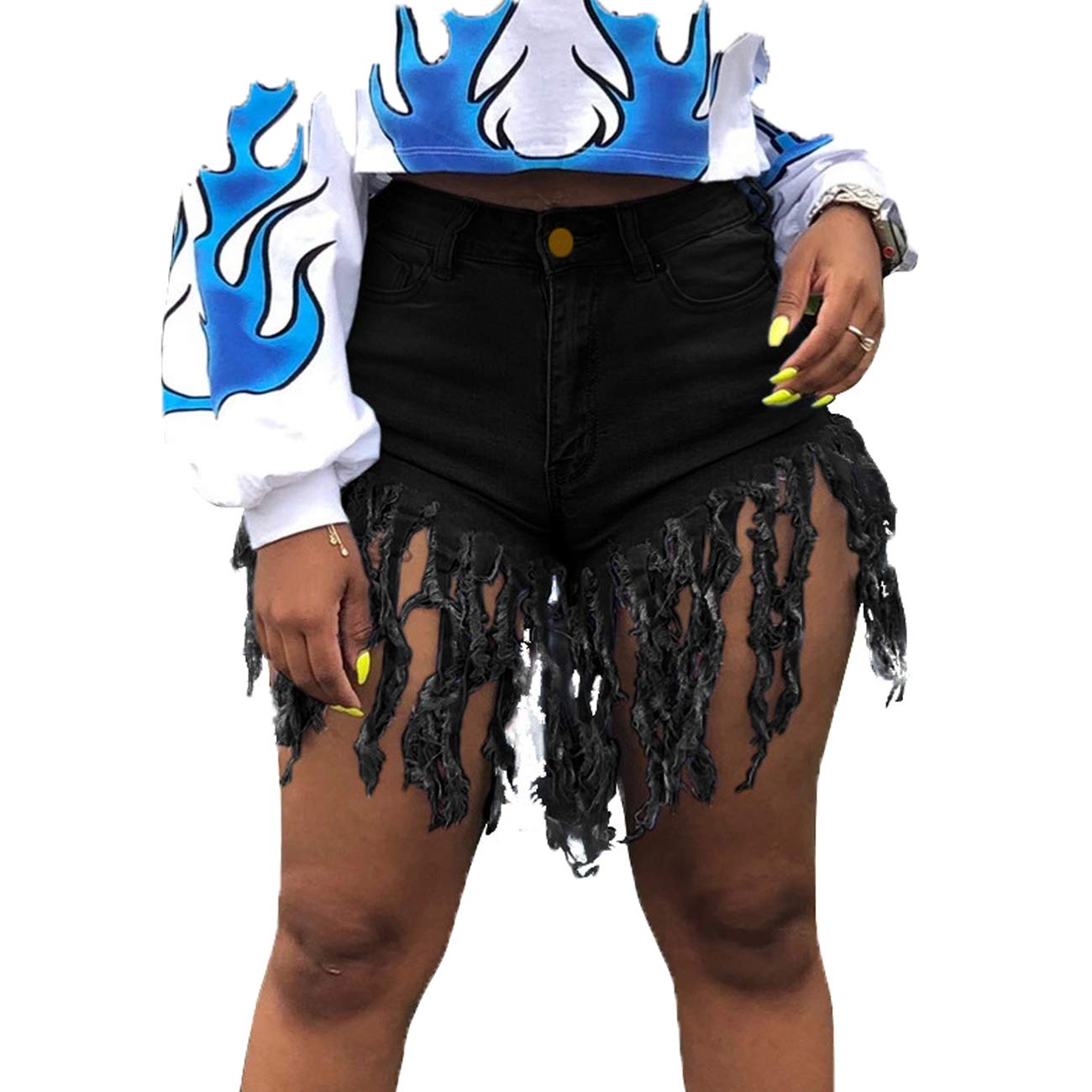 Women's High Waisted Denim Shorts with Tassels - Stretchy Summer Frayed Raw Hem Jeans Shorts for Women | Perfect for Clubwear, Beach Outfits & Casual Street Style