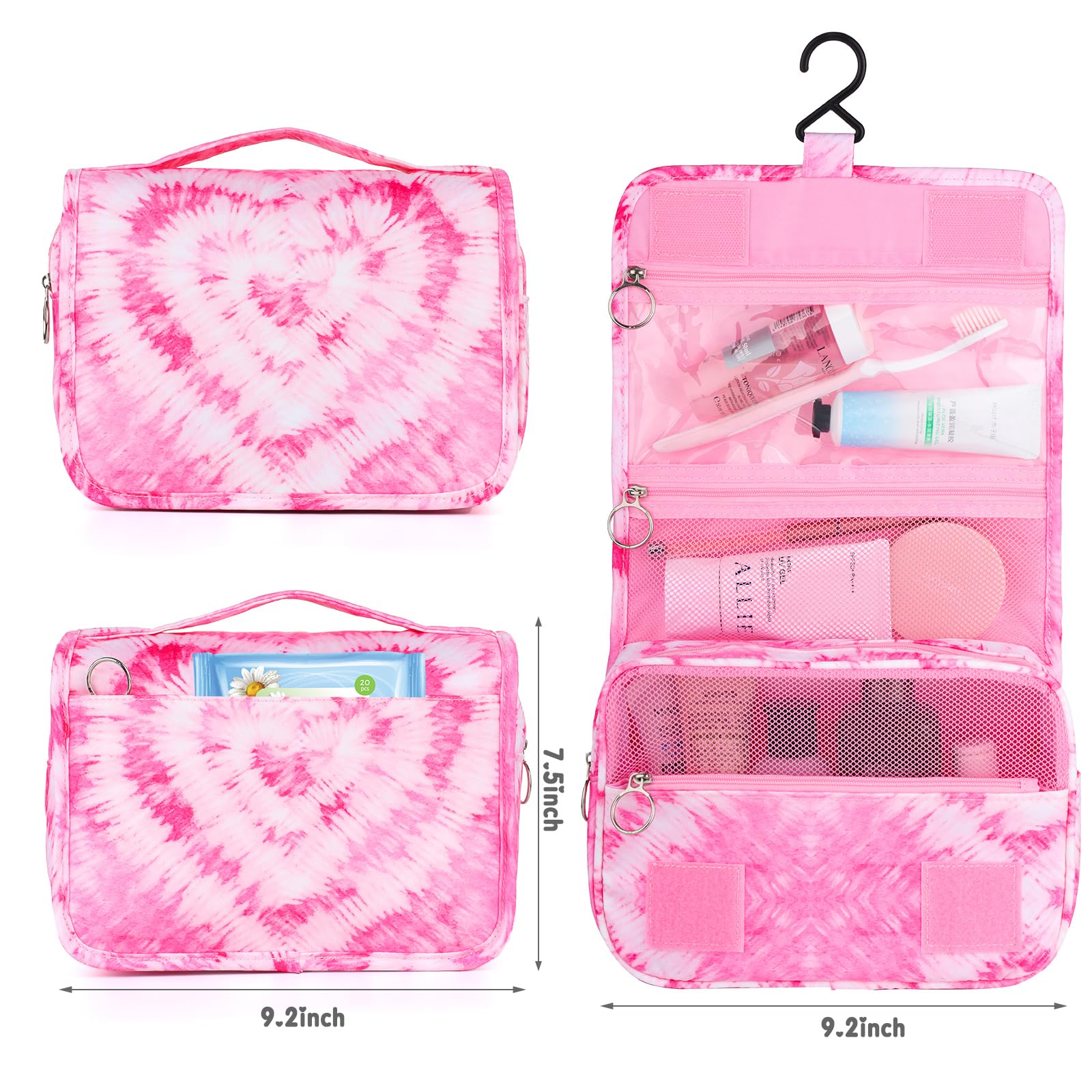 Waterproof Tie Dye Pink Heart Hanging Toiletry Bag for Girls & Teen Girls - Travel Cosmetic Makeup Organizer with Hook - Perfect for School, Camping, Vacation & Gym Essentials Storage