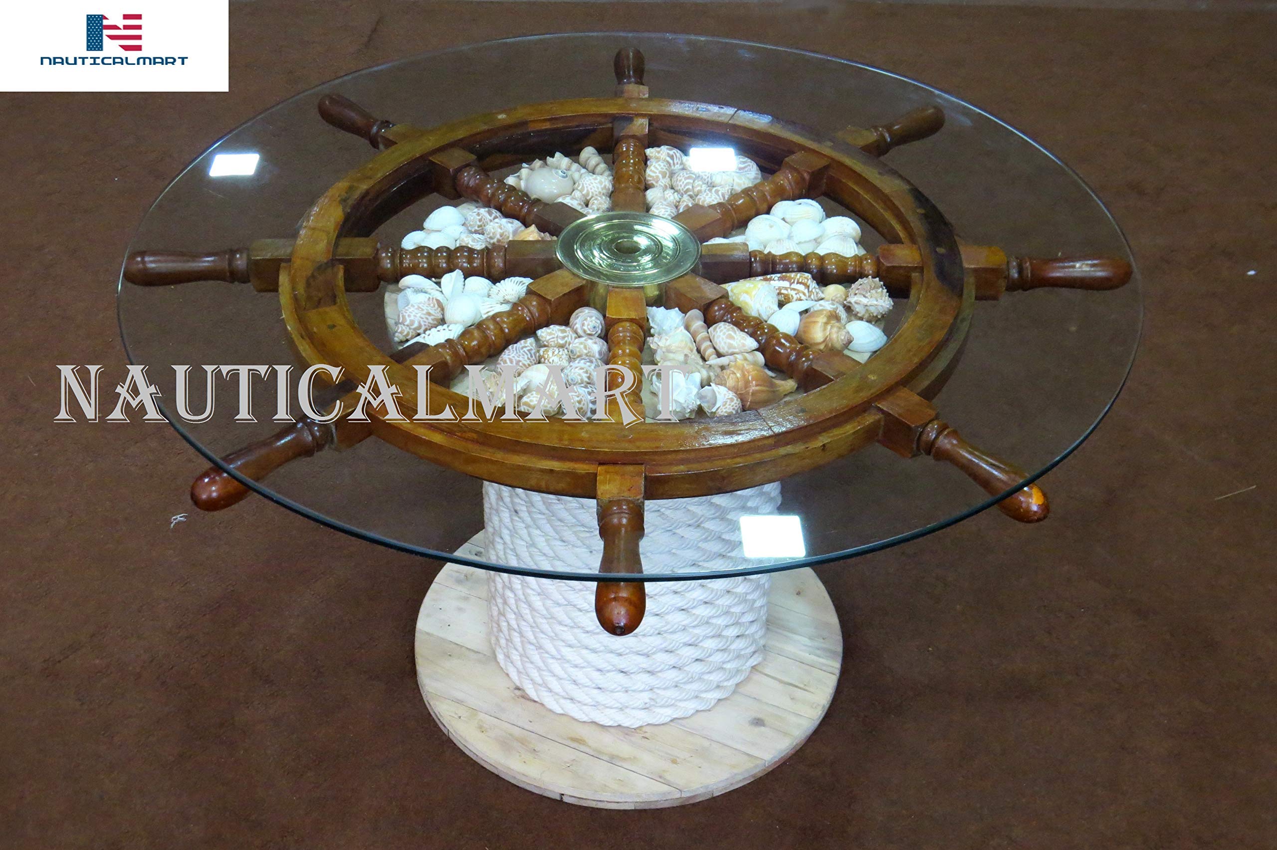 36'' Wooden Ship Wheel Coffee Table - Nautical Decor for Living Room, Beach House & Boat Cabin - Rustic Maritime Centerpiece with Functional Storage