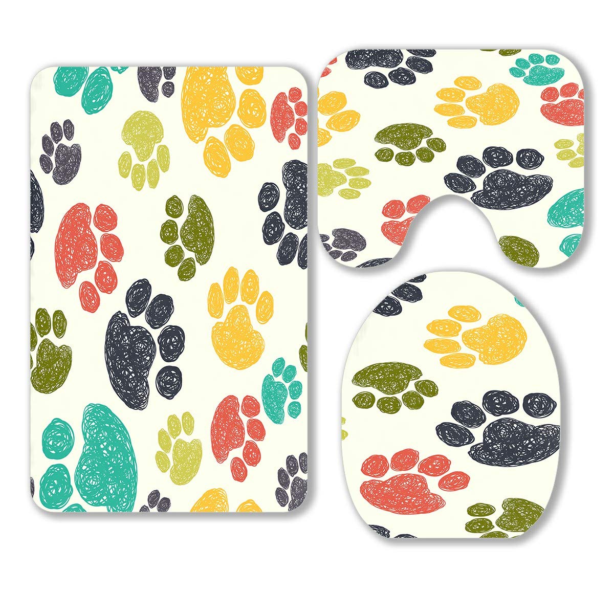 ECZJNT 3-Piece Bathroom Rug Set - Cute Colorful Doodle Paw Print Contour Mat & Toilet Lid Cover | Non-Slip Soft Absorbent Bath Mats for Kids & Pet Lovers | Perfect for Bathroom, Nursery & Laundry Room Decor